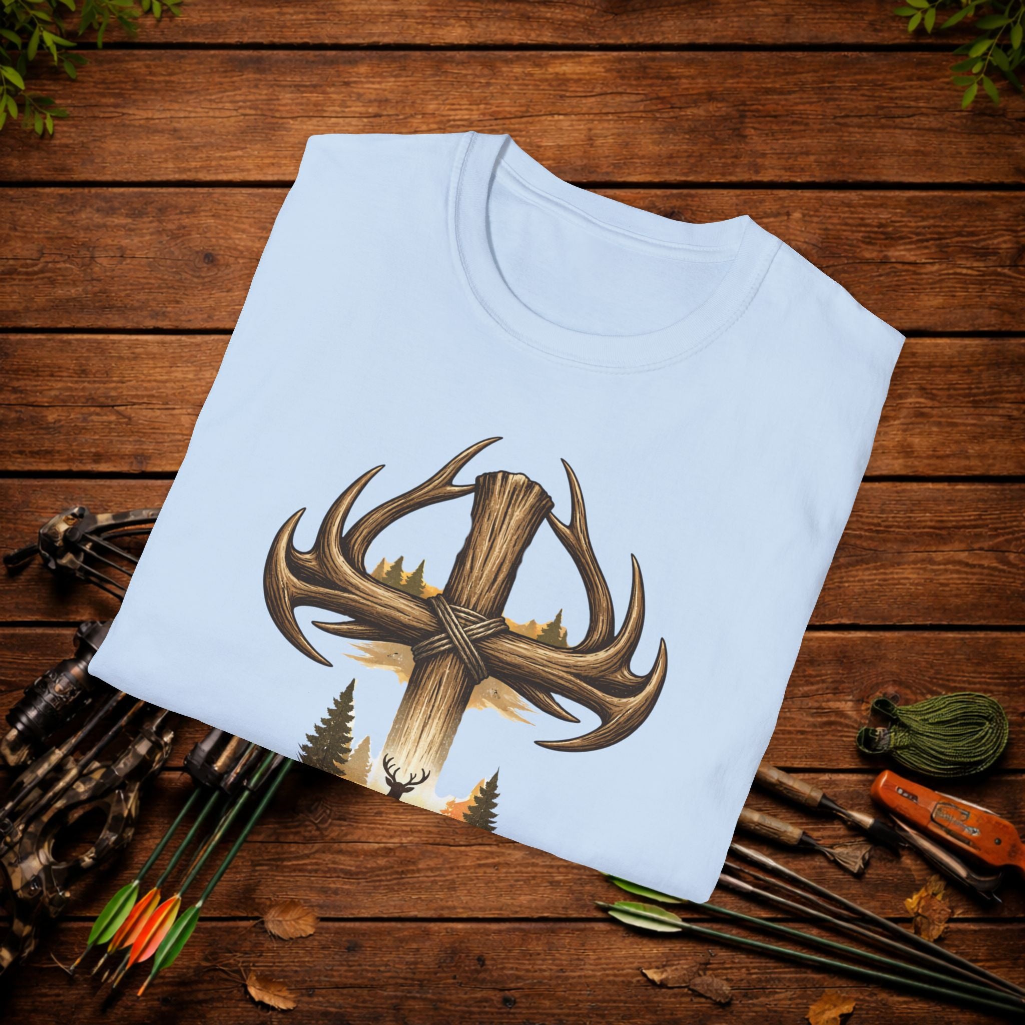Christian Deer Hunting Shirt – Cross with Antlers Whitetail Tee – Faith Hunting Apparel – Rustic Outdoor Shirt