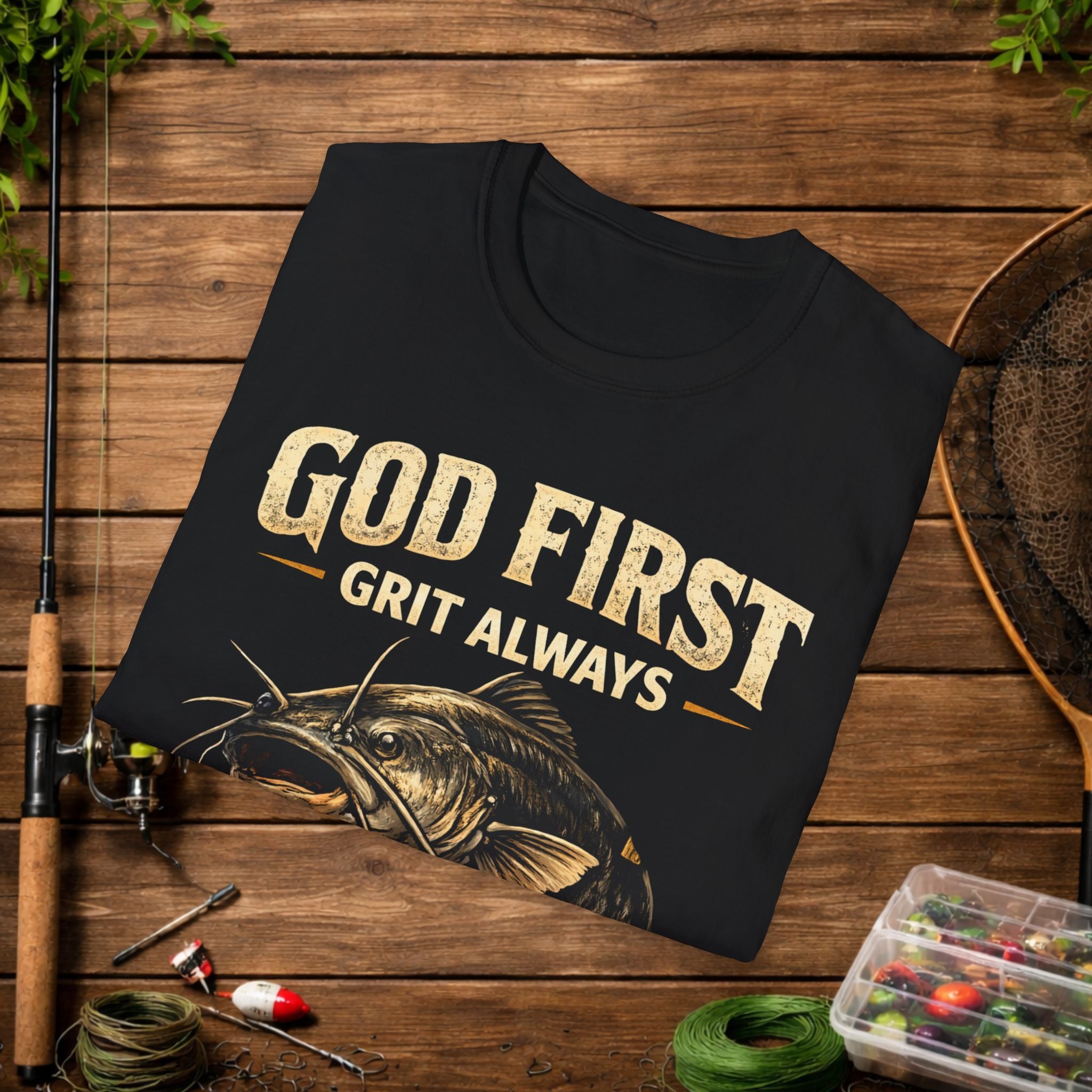 God First Grit Always Shirt – Catfish Fishing Tee – Faith Based Outdoor Shirt – Christian River Life Apparel