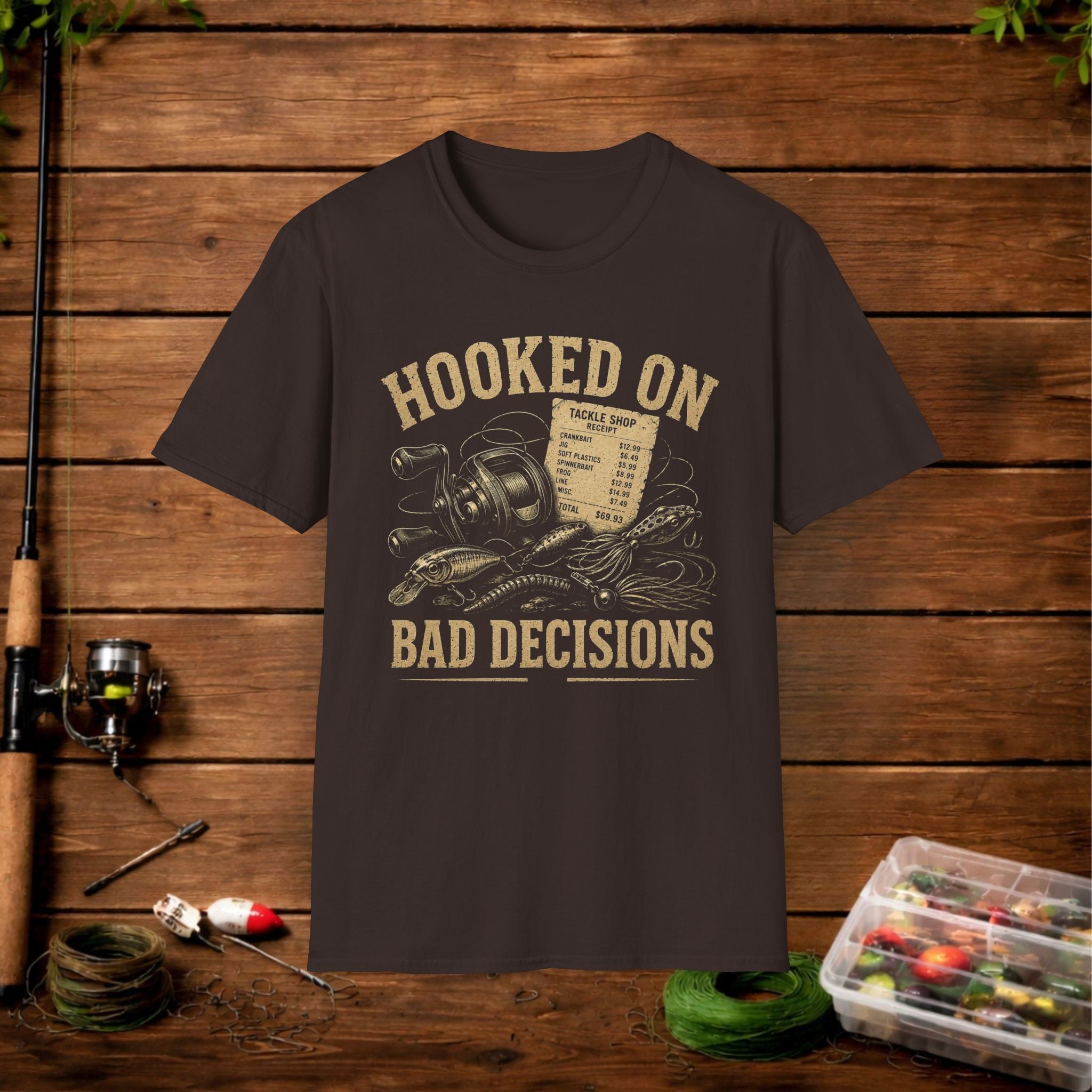 Hooked On Bad Decisions T‑Shirt — Funny Fishing Graphic Tee for Anglers & Outdoors