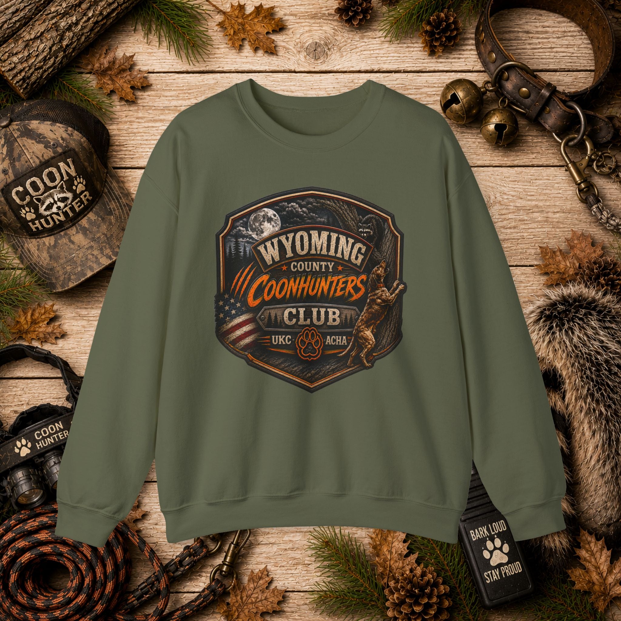 Wyoming Coonhunters Club Crewneck Sweatshirt Dual Print Badge front/Banner back