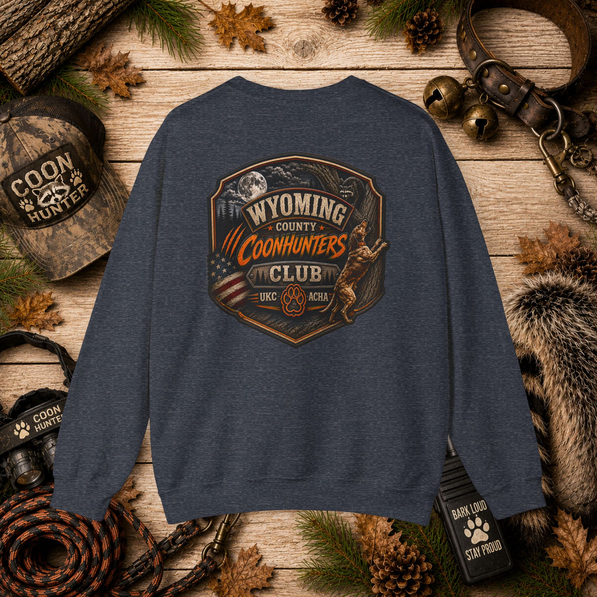 Coonhunters Club Crewneck Sweatshirt - Wyoming County Vintage Hunting Badge