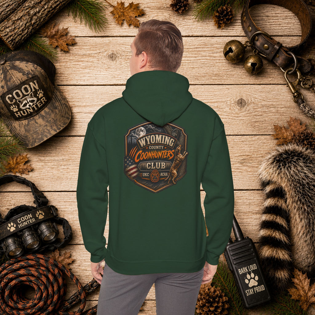 Wyoming County Coonhunters Club Hoodie – Rustic Hunting Badge Sweatshirt