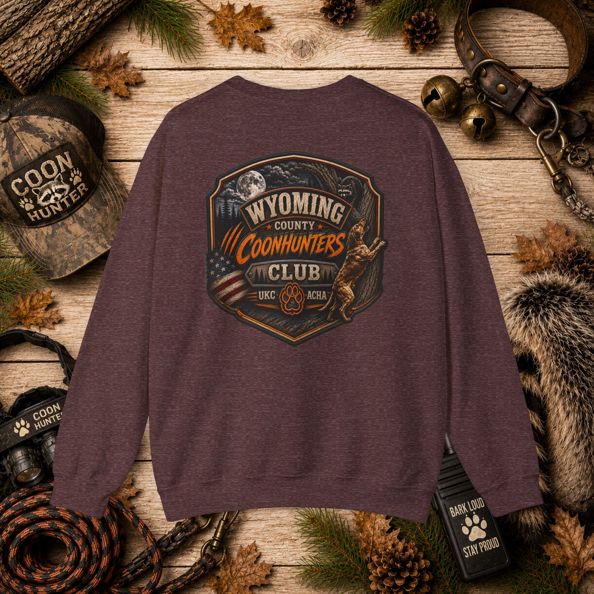 Coonhunters Club Crewneck Sweatshirt - Wyoming County Vintage Hunting Badge
