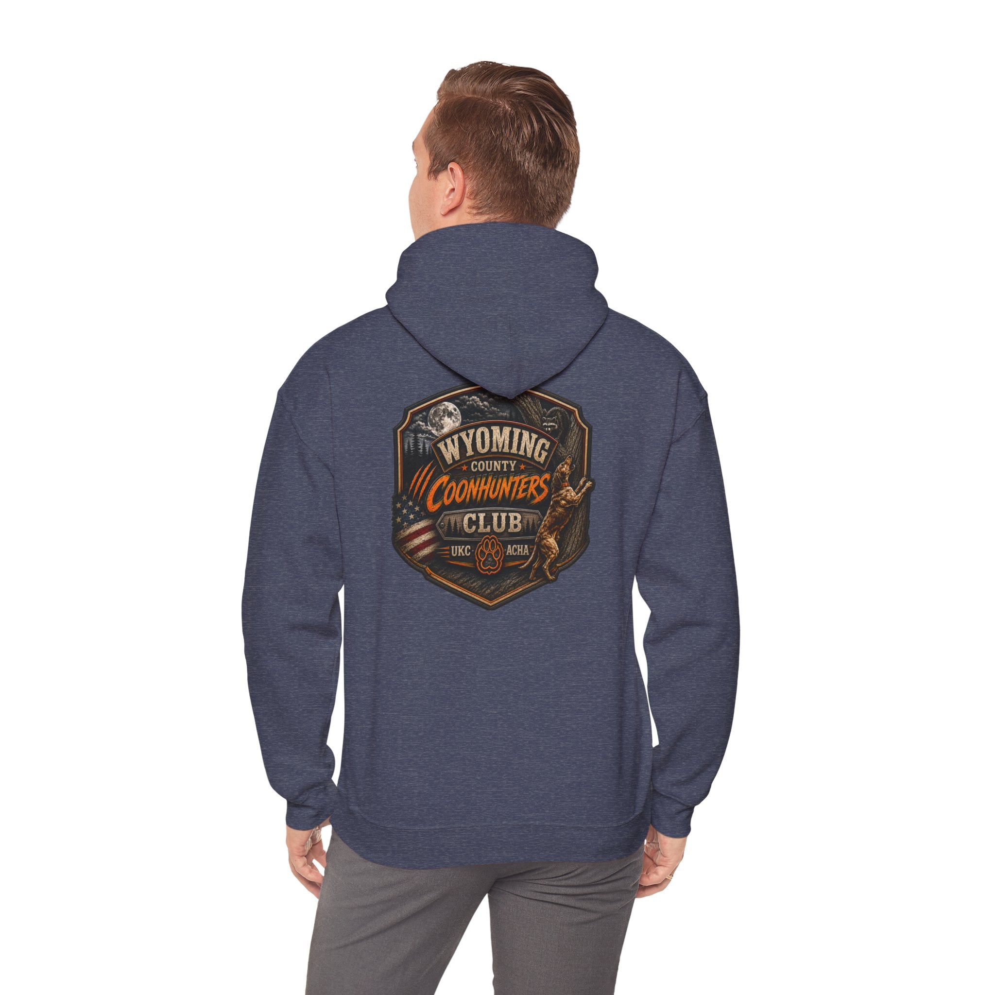 Wyoming Coonhunters Club Hoodie – Vintage Coon Hunting Graphic Dual print Banner front/Badge Back