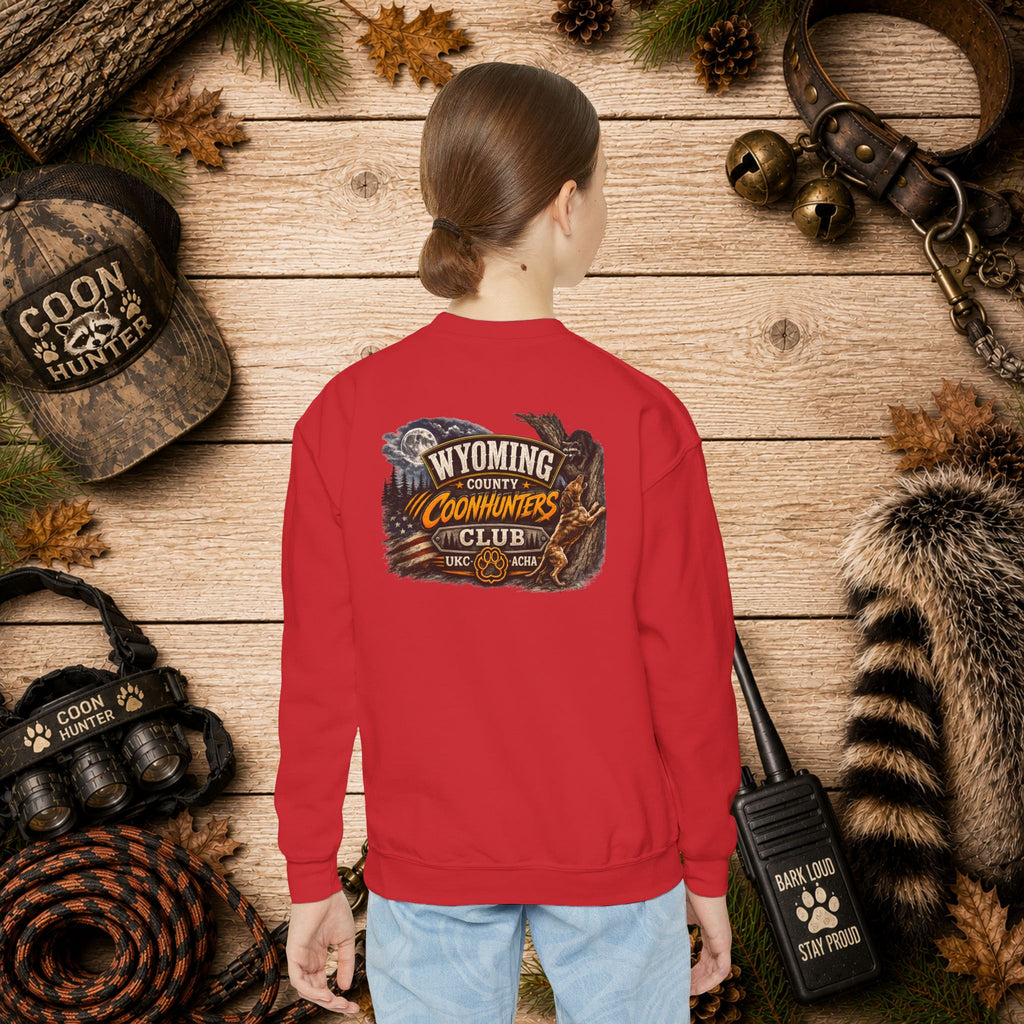 Youth Crewneck Sweatshirt — Wyoming Coonhunters Club Vintage Hunting Graphic Dual print Badge front/Banner back
