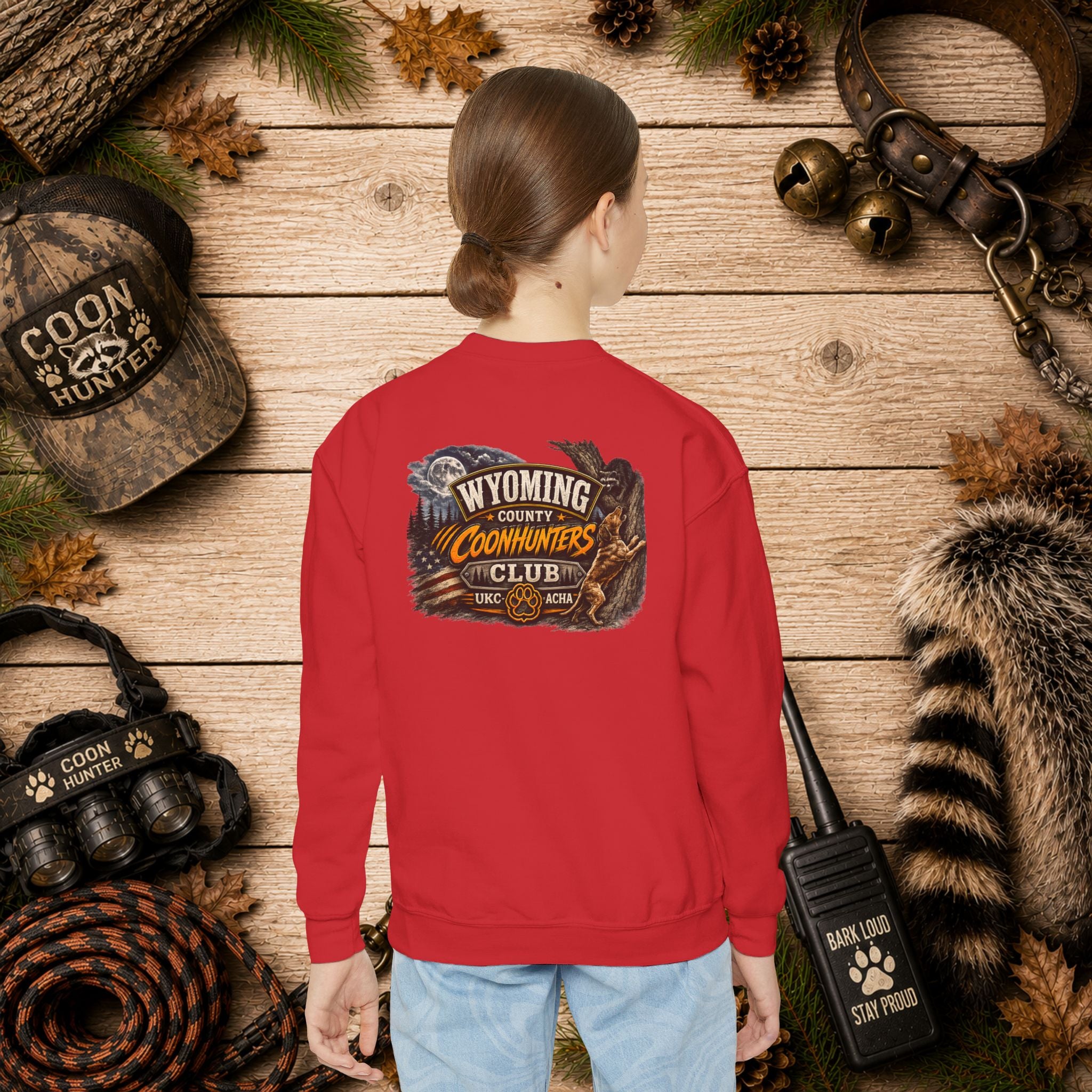 Youth Crewneck Sweatshirt — Wyoming Coonhunters Club Vintage Hunting Graphic Dual print Badge front/Banner back