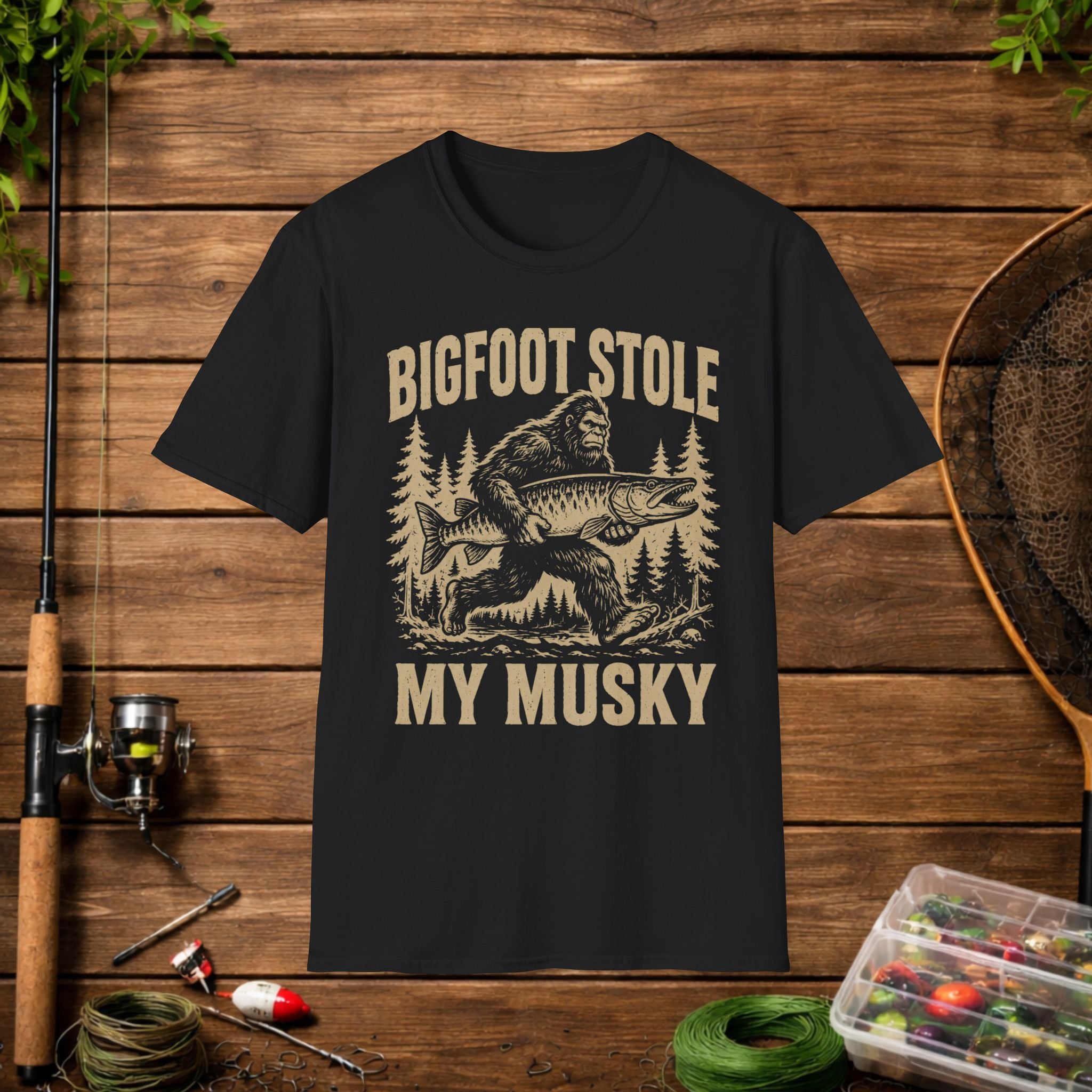 Bigfoot Stole My Musky T-Shirt — Funny Fishing Muskie Tee for Anglers