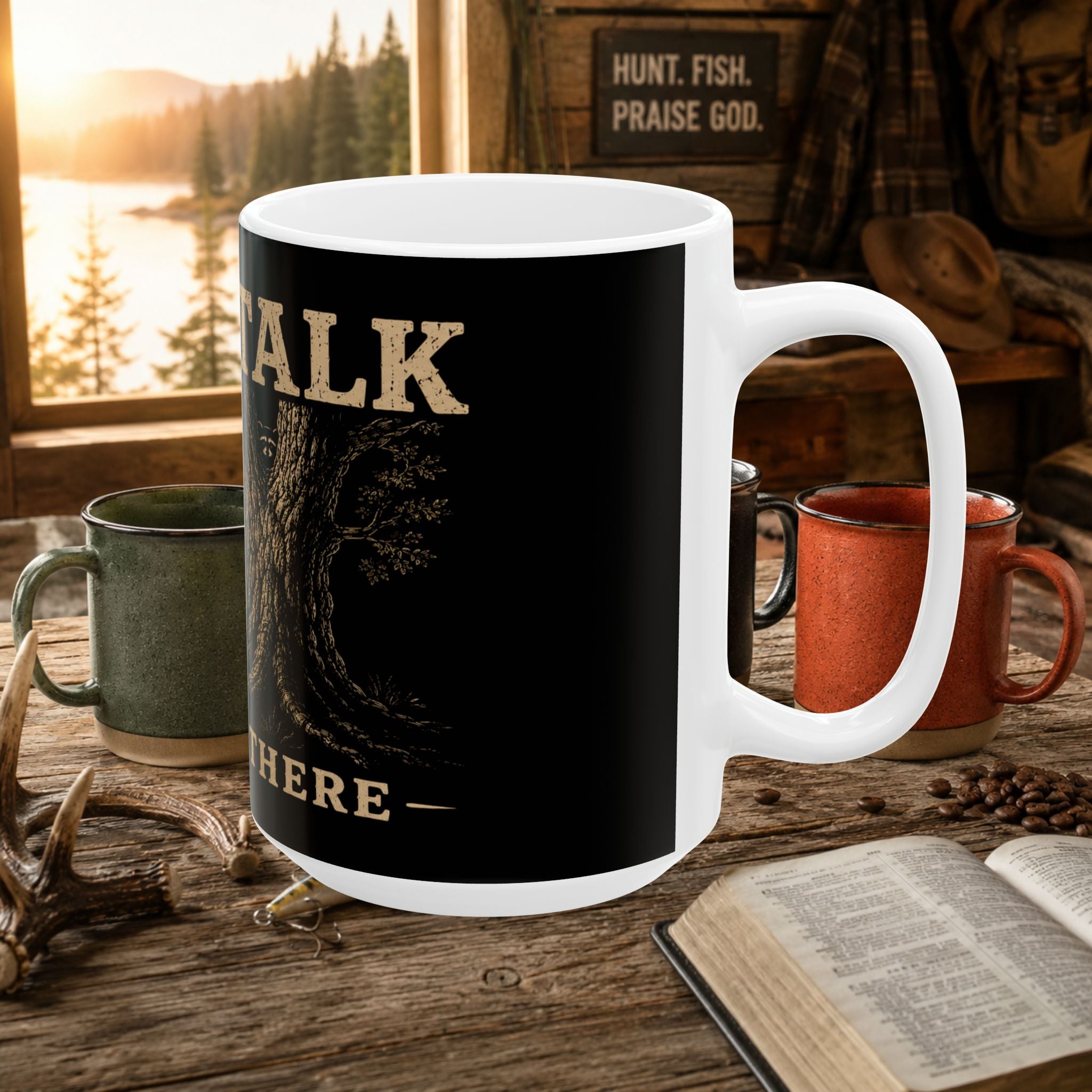 Coon Hunting Mug — "Tree Talk: He's Up There" Hound Dog Ceramic Coffee Cup (11oz/15oz)