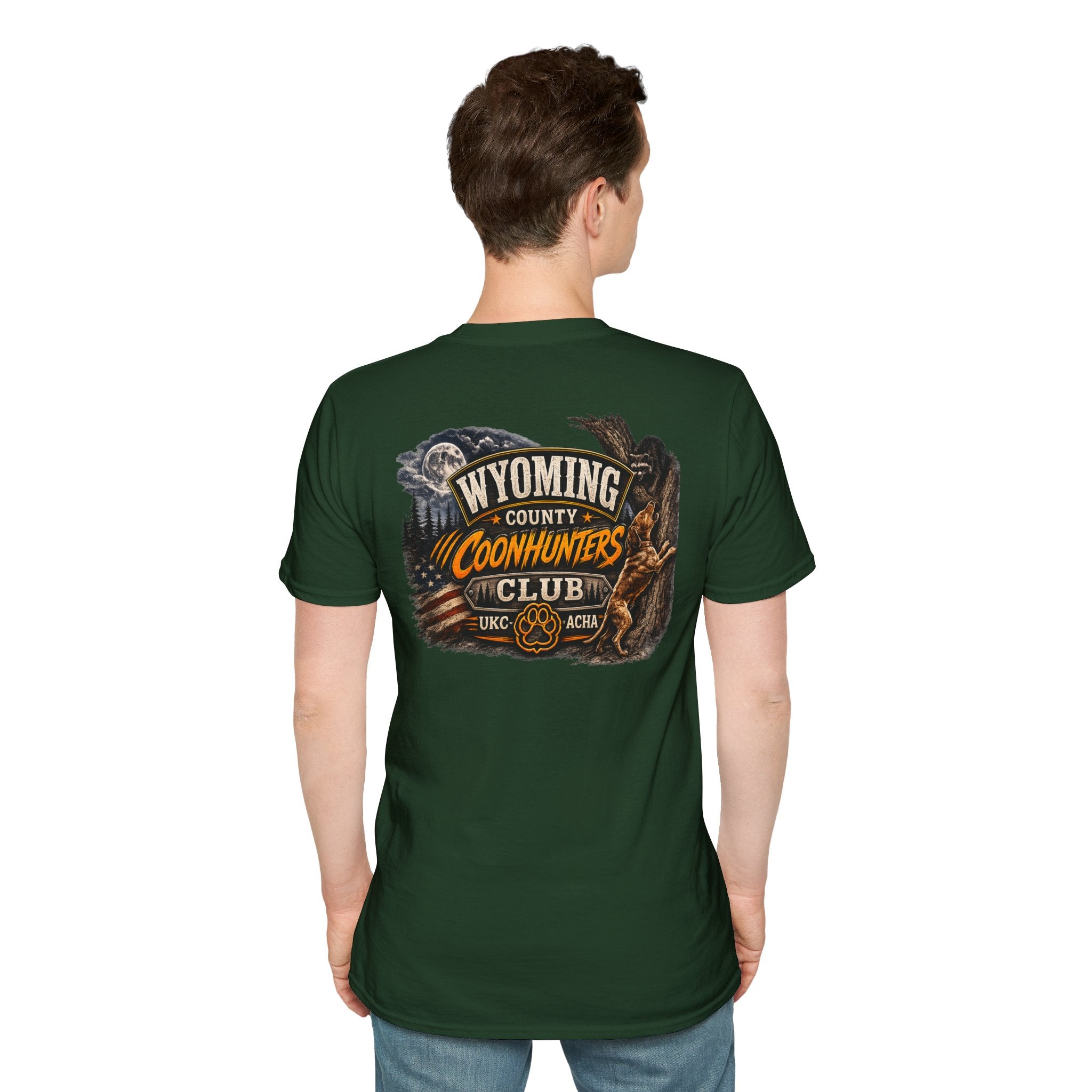Wyoming Coonhunters Club T‑Shirt — front Badge with banner backTee