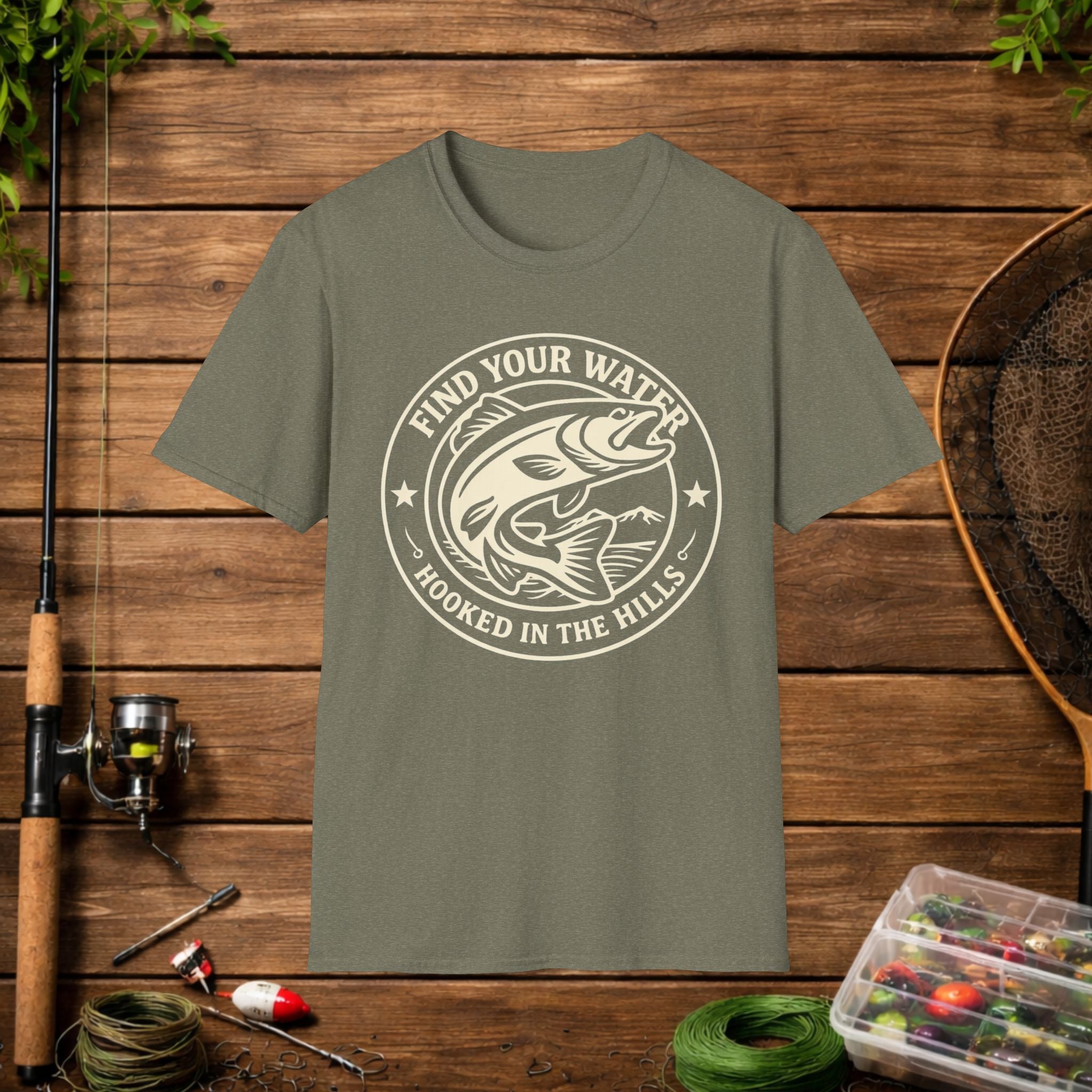 Find Your Water Fishing Shirt – Hooked in the Hills Bass Graphic Tee – Trout & Bass Angler Gift