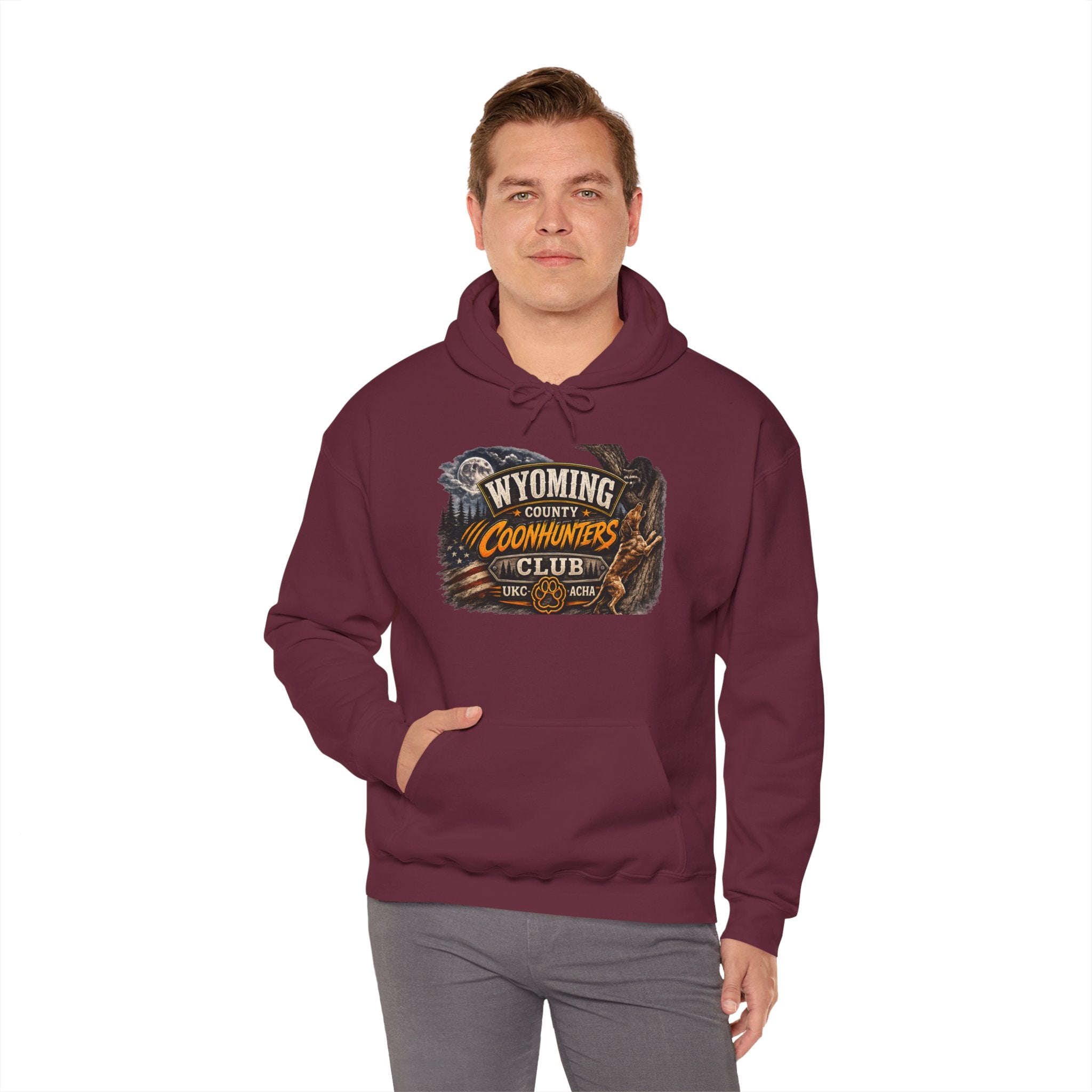 Wyoming Coonhunters Club Hoodie – Vintage Coon Hunting Graphic Dual print Banner front/Badge Back