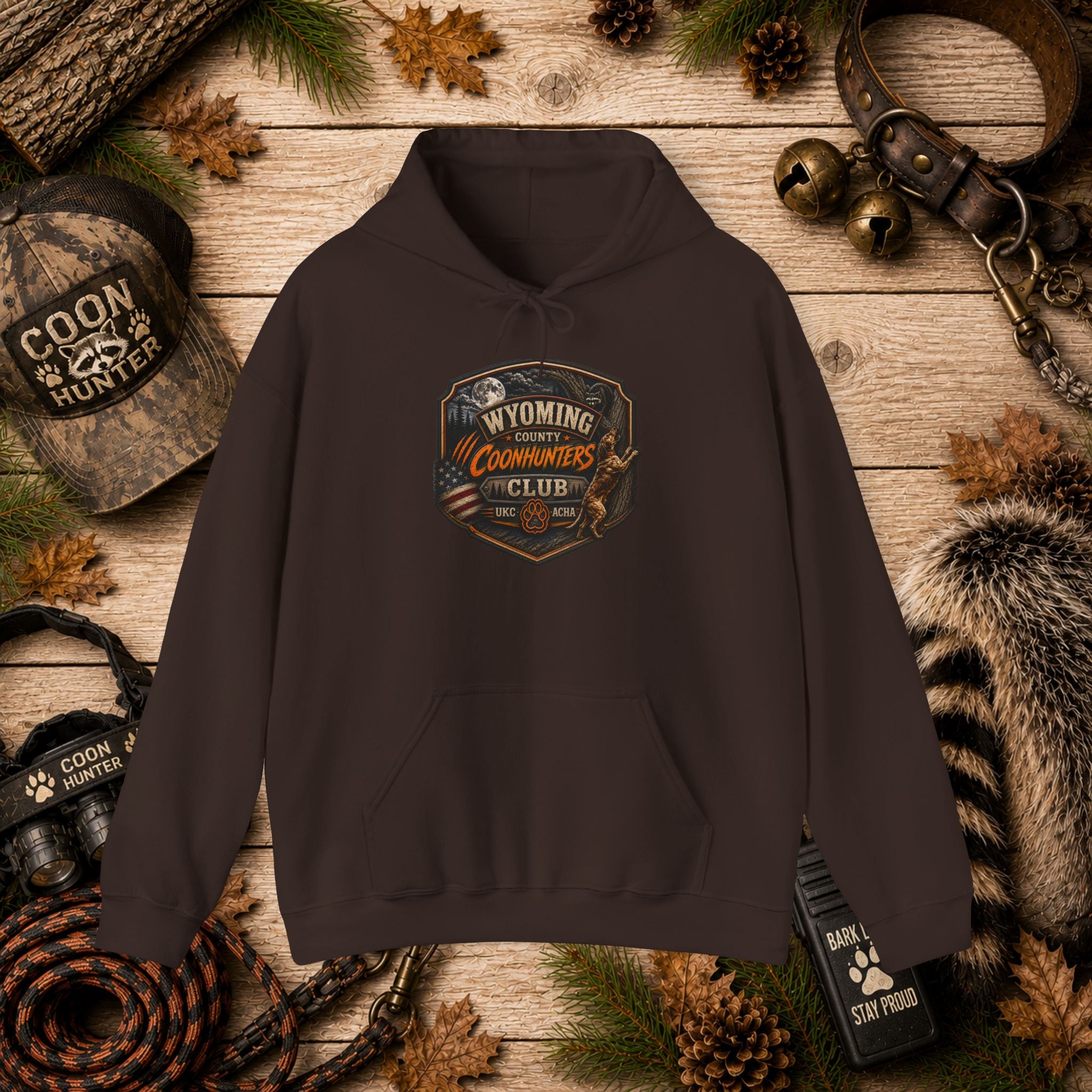 Wyoming Coonhunters Club Hoodie – Dual print badge front/banner back