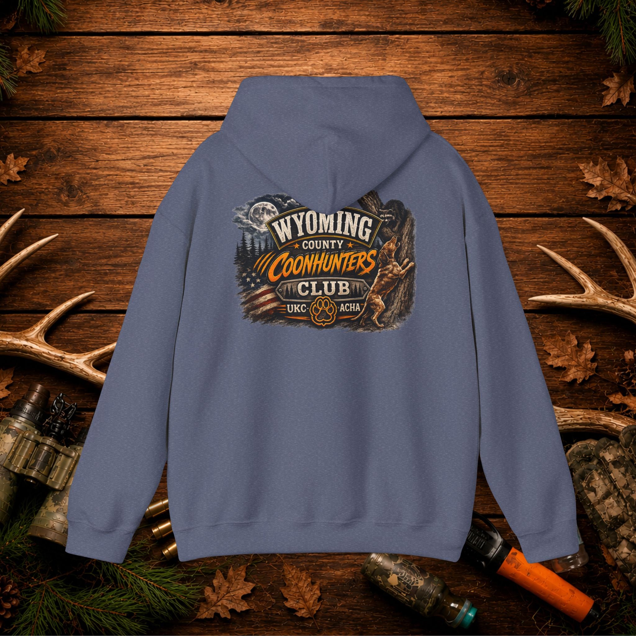 Coonhunters Club Hoodie — Wyoming County Retro Hunting Graphic