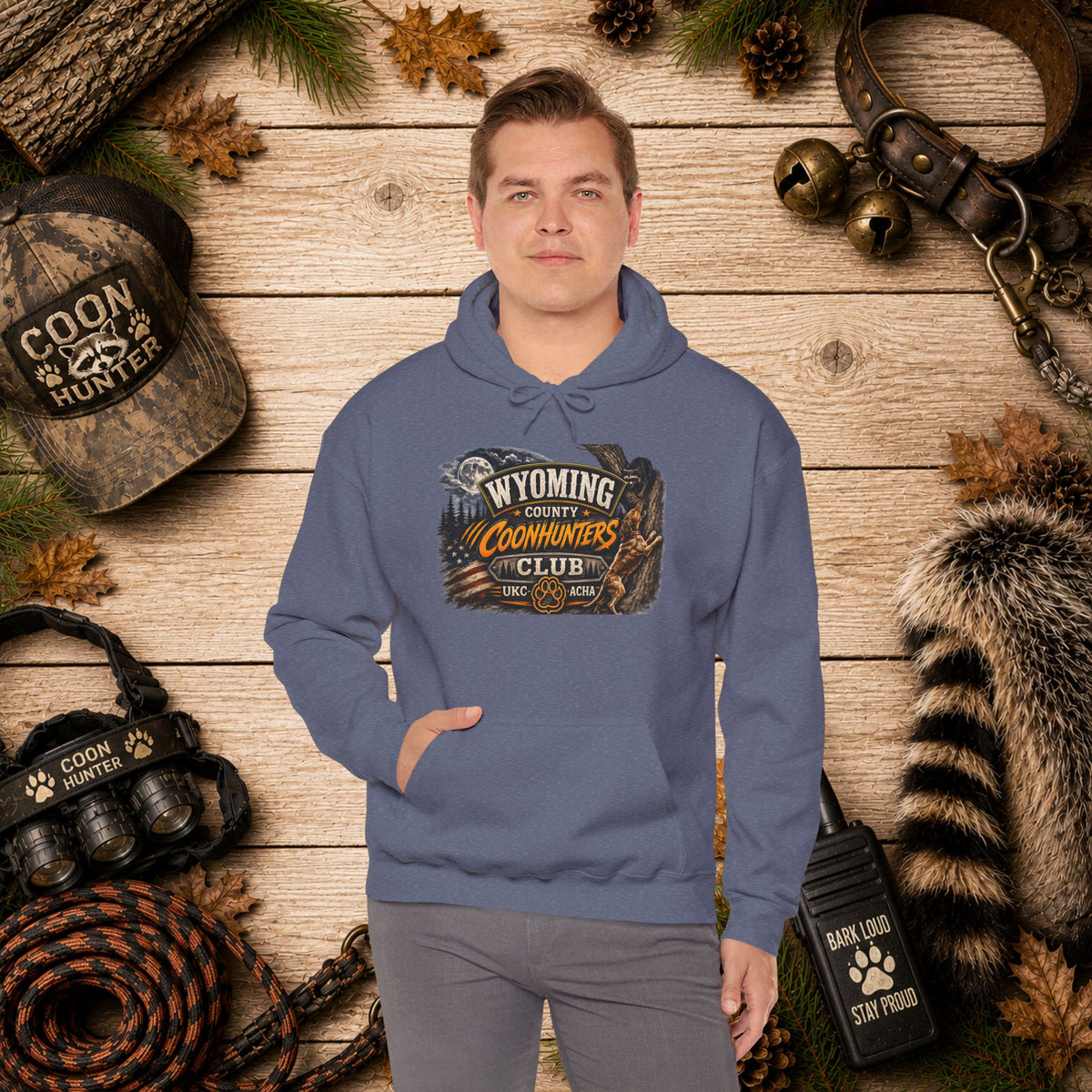 Wyoming Coonhunters Club Hoodie – Vintage Coon Hunting Graphic Dual print Banner front/Badge Back
