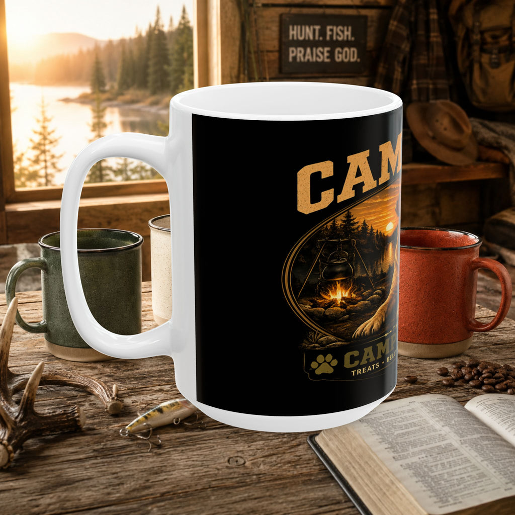 Camp Dog Ceramic Mug — Rustic Camping Labrador Coffee Cup (11oz & 15oz)