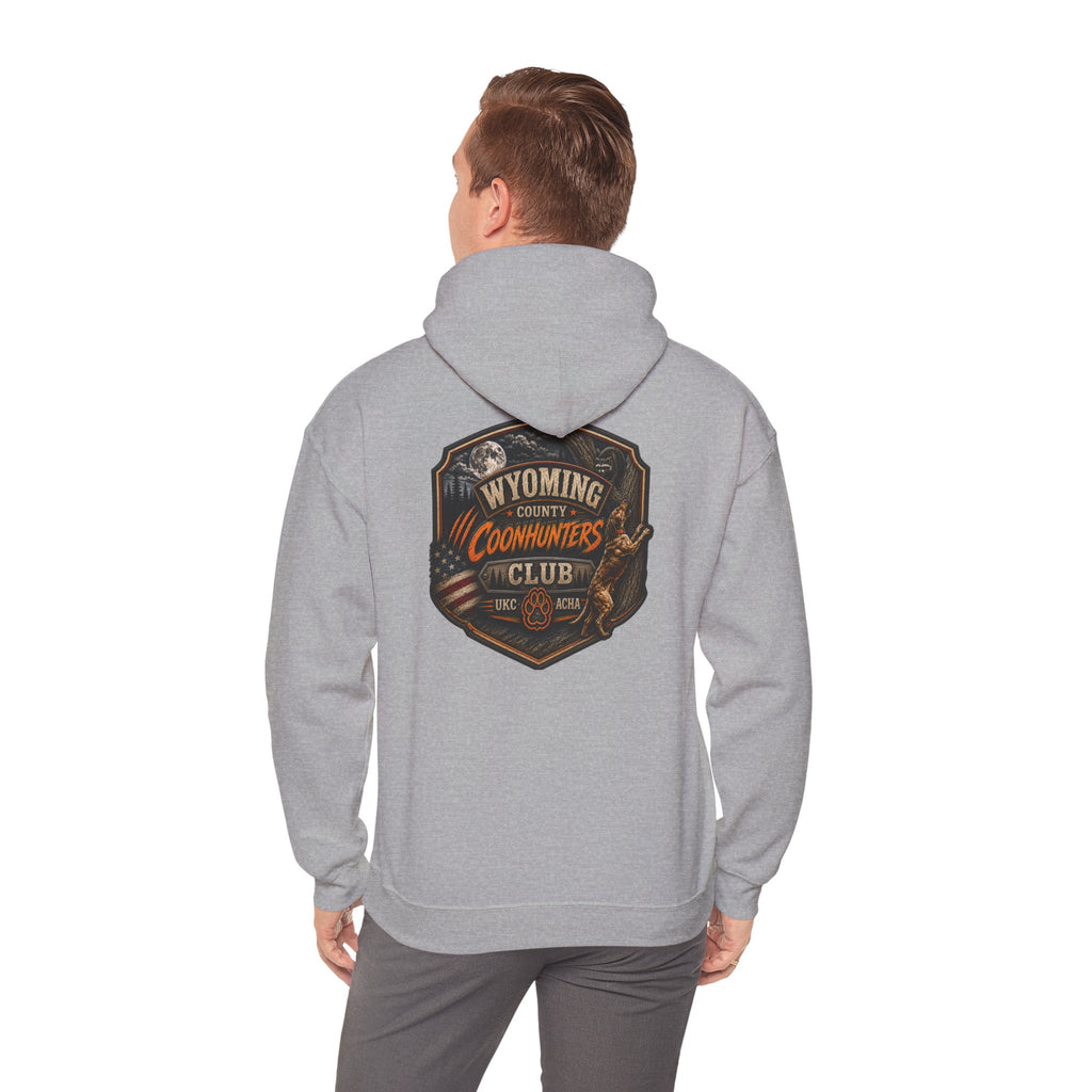 Wyoming Coonhunters Club Hoodie – Vintage Coon Hunting Graphic Dual print Banner front/Badge Back