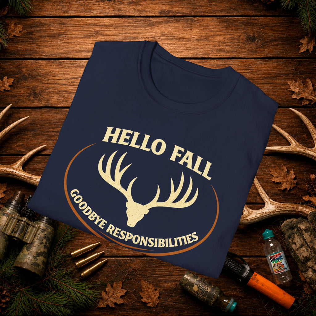 Hello Fall T-Shirt — "Goodbye Responsibilities" Deer Antler Graphic Tee