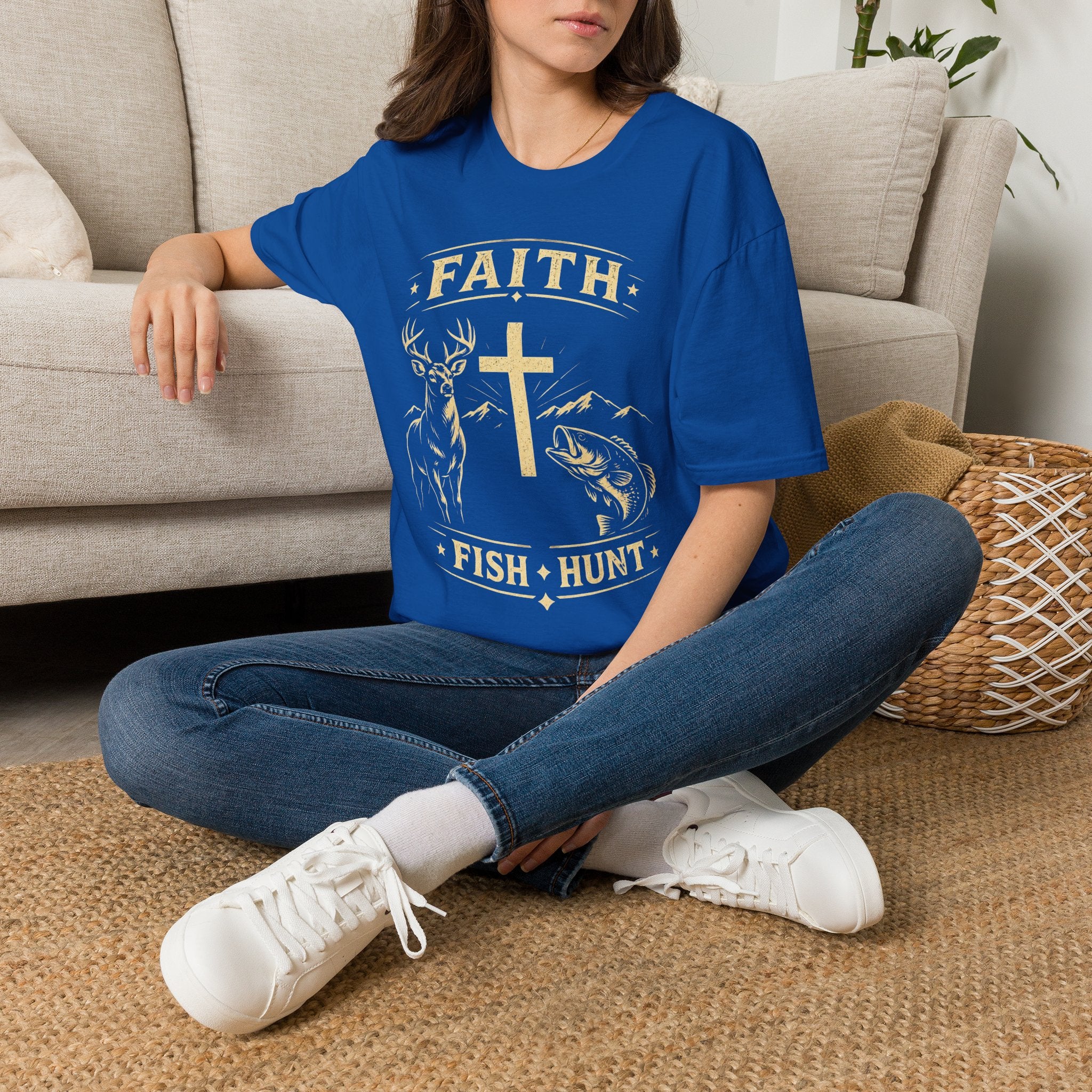 Faith Cross Deer & Fish T-Shirt — Christian Hunting & Fishing Graphic Tee