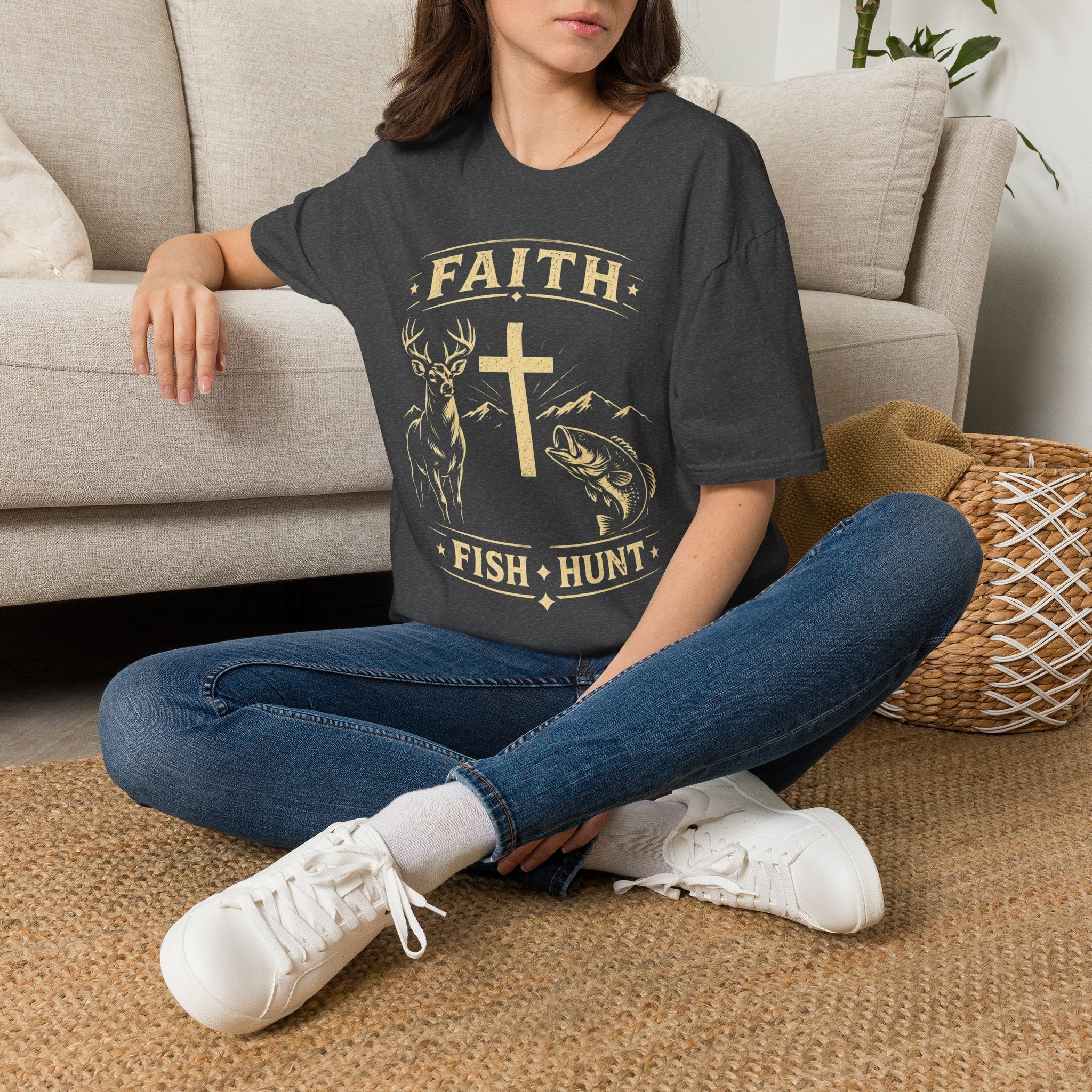 Faith Cross Deer & Fish T-Shirt — Christian Hunting & Fishing Graphic Tee