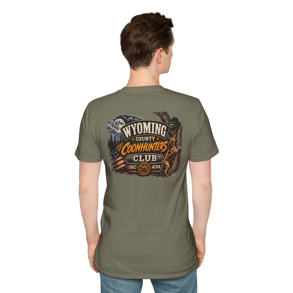Wyoming Coonhunters Club T‑Shirt — front Badge with banner backTee