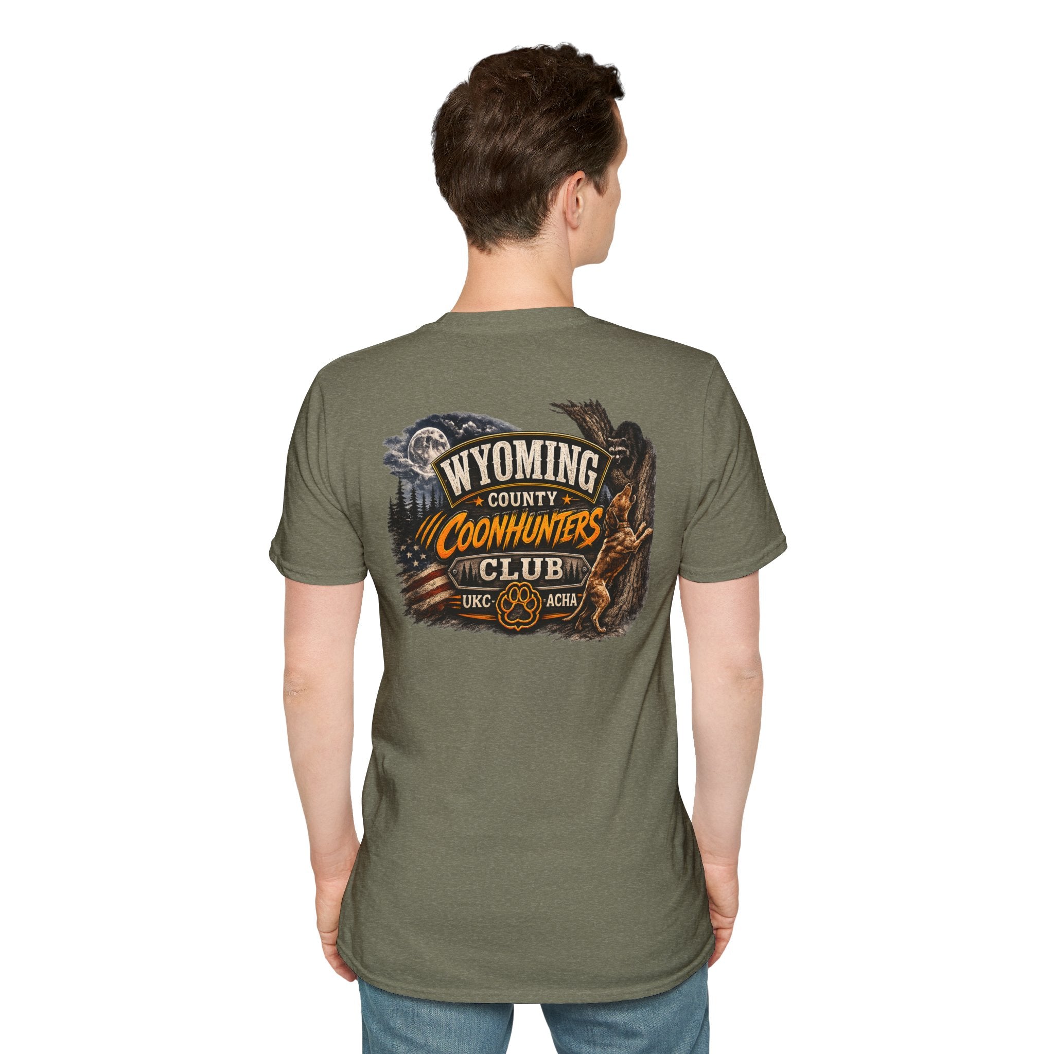 Wyoming Coonhunters Club T‑Shirt — front Badge with banner backTee