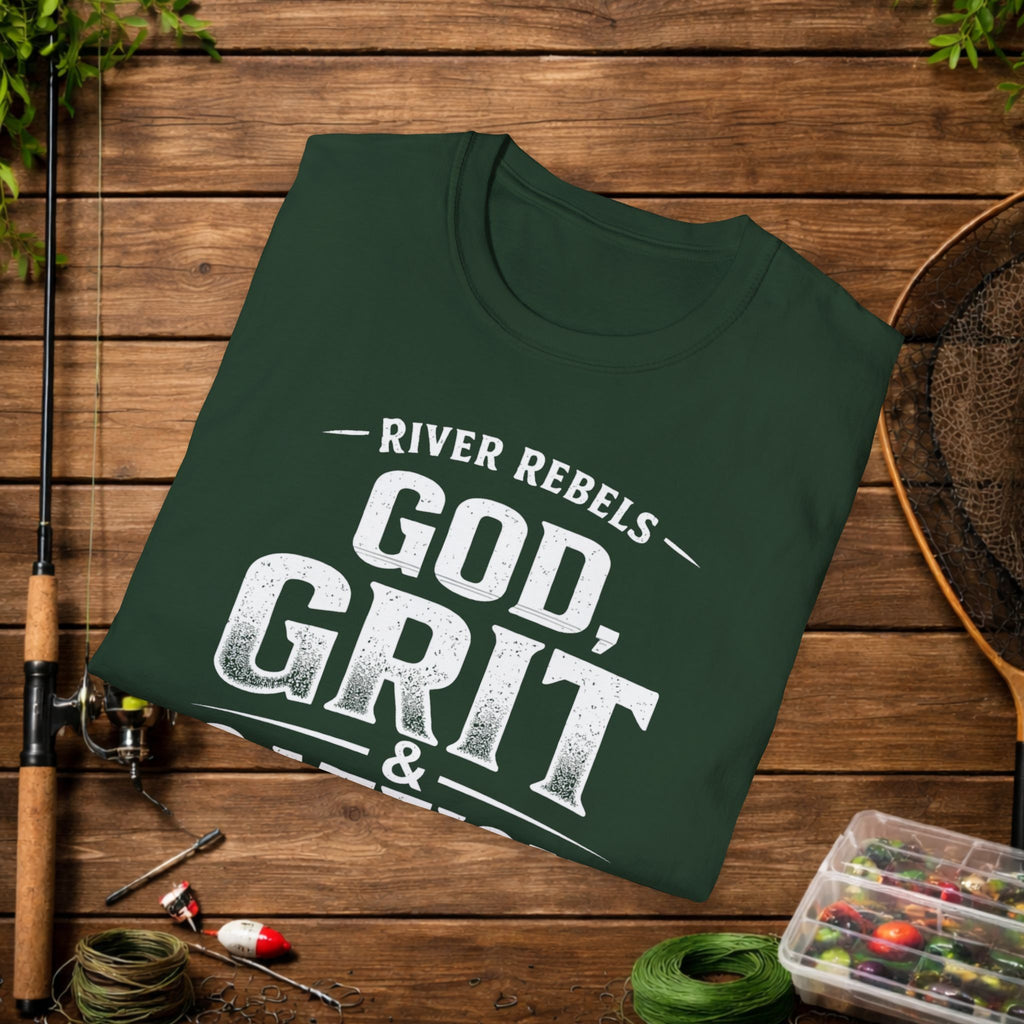God Grit & Catfish Shirt – River Rebels Faith Fishing Tee – Christian Outdoor Shirt – Built Different Country Apparel