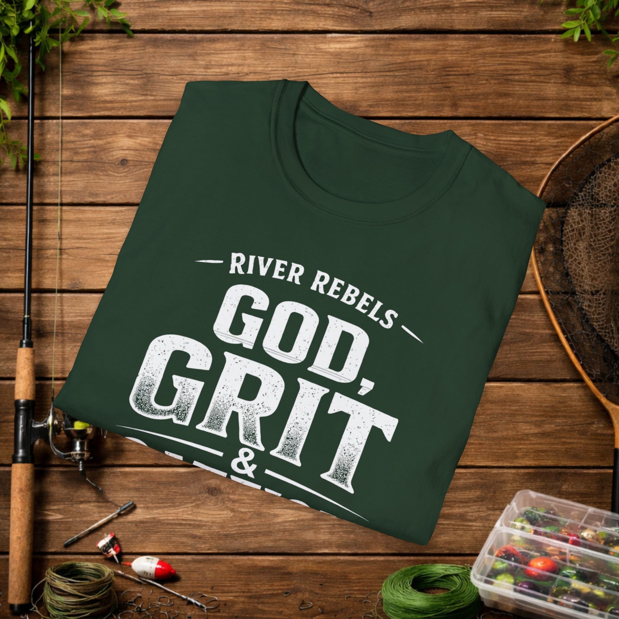 God Grit & Catfish Shirt – River Rebels Faith Fishing Tee – Christian Outdoor Shirt – Built Different Country Apparel