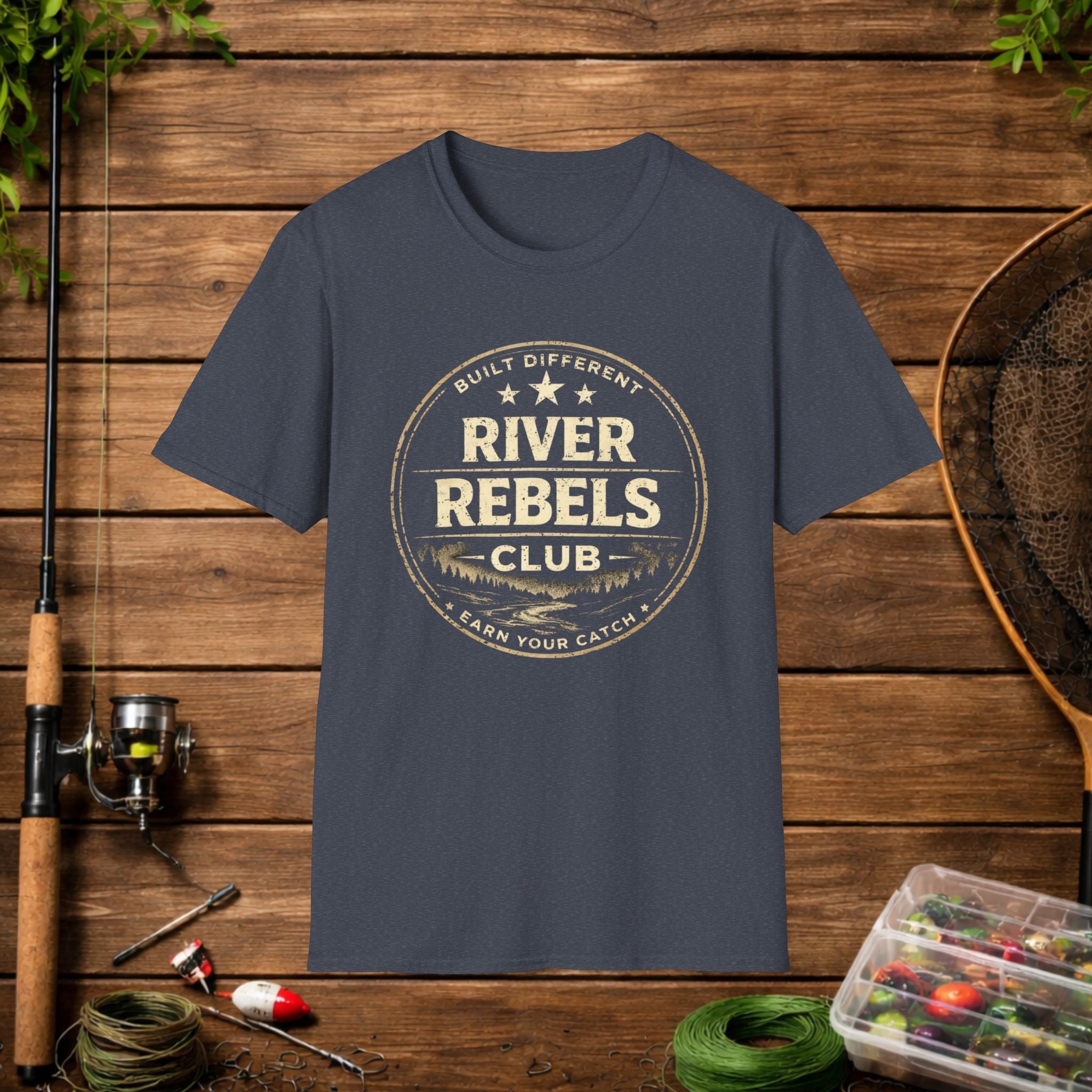 River Rebels Club Shirt – Built Different Fishing Tee – Earn Your Catch Outdoor Shirt – Rustic River Life Apparel