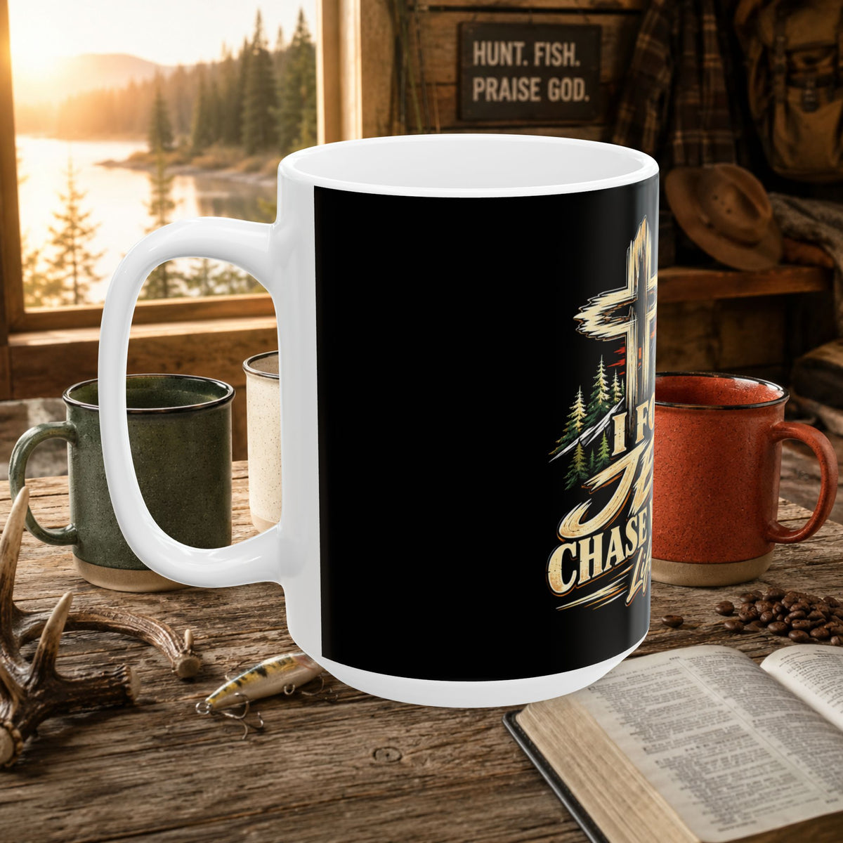 I Follow Jesus Chase Whitetails 15oz Mug | Christian Hunting Gift