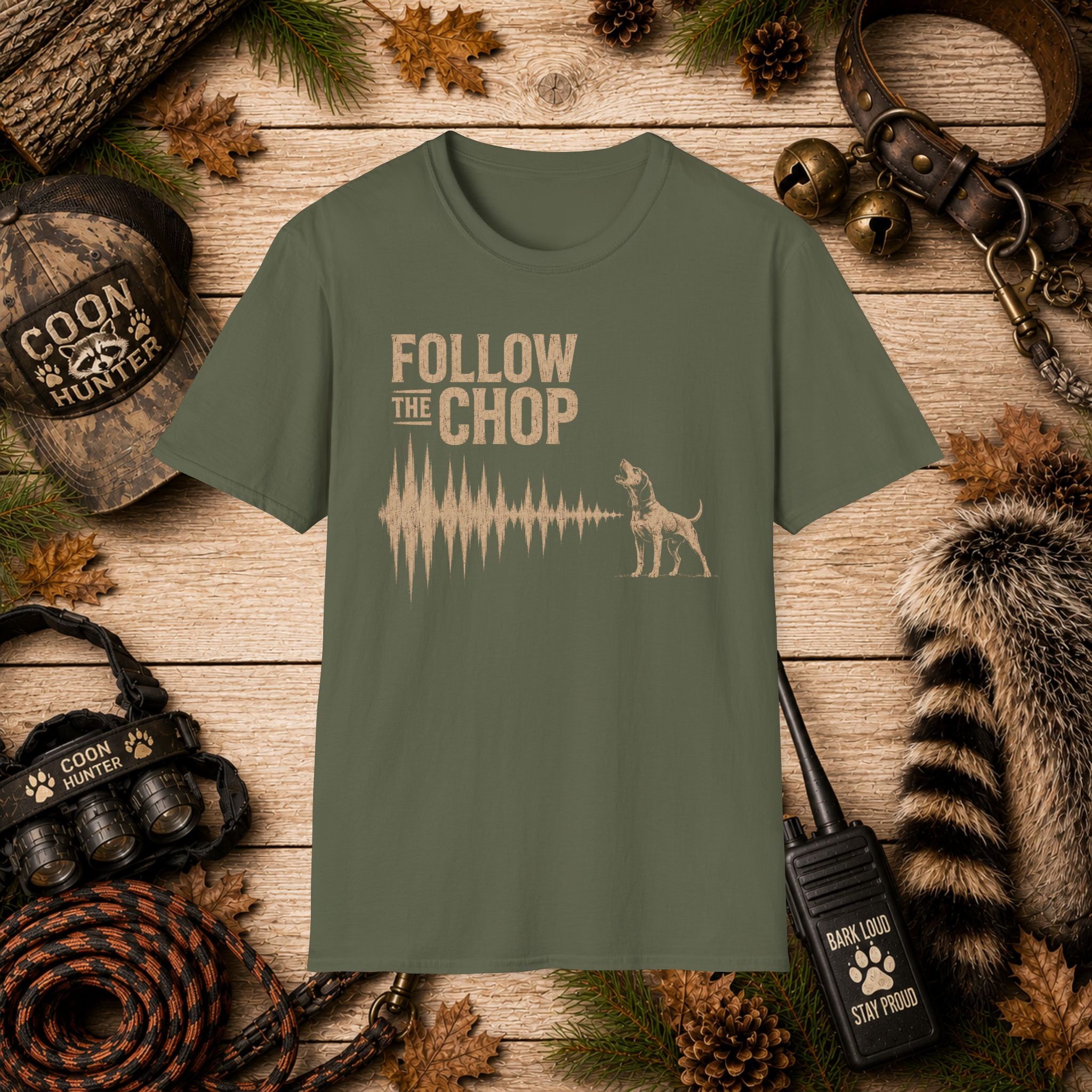 Follow The Chop Coon Hunting T-Shirt | Houndsman Dog Waveform Graphic Tee | Wild Wonderful Wear