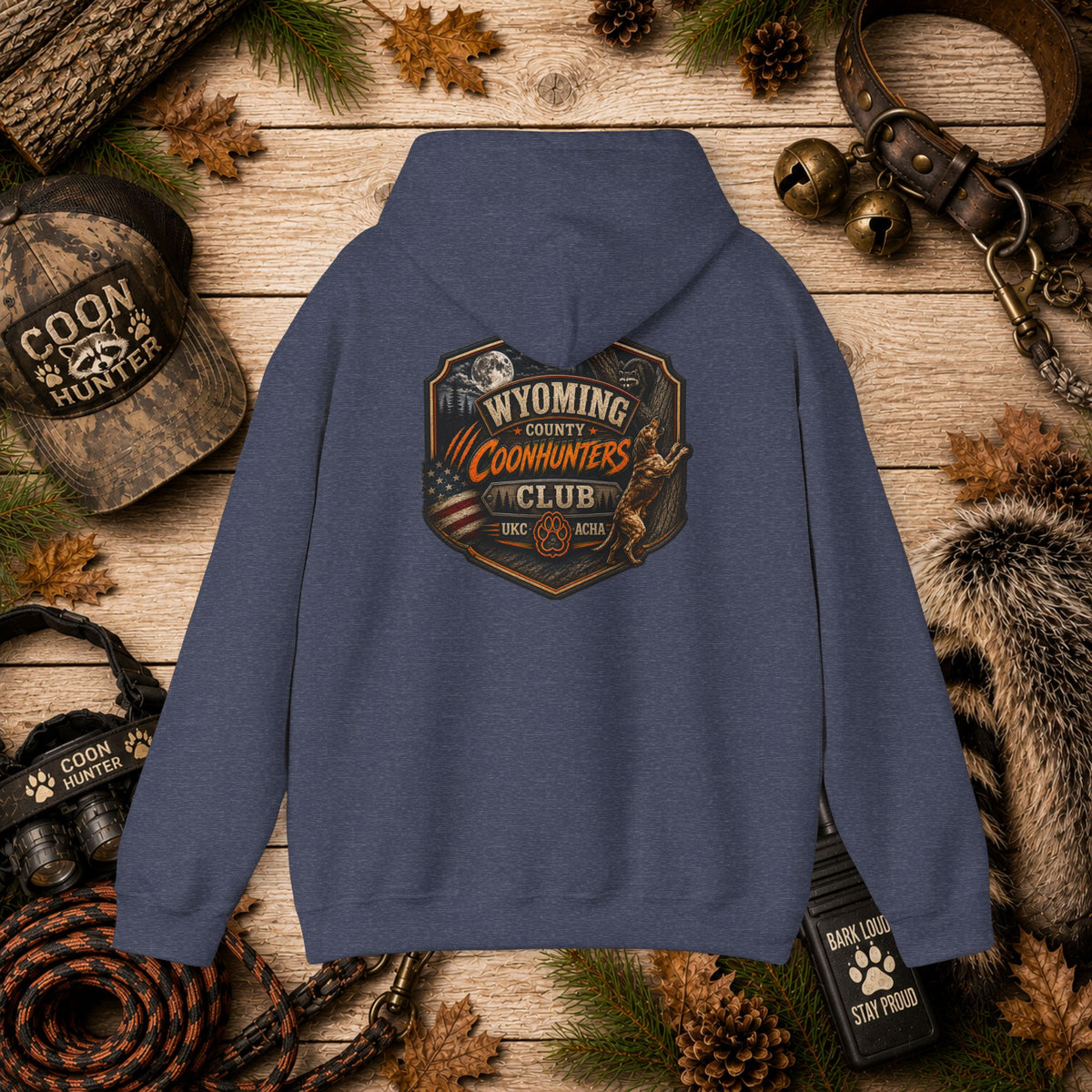 Wyoming Coonhunters Club Hoodie – Vintage Coon Hunting Graphic Dual print Banner front/Badge Back