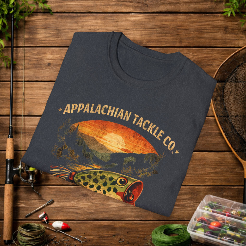 Appalachian Tackle Co Hula Popper Shirt – Vintage Fishing Lure Tee – Topwater Bass Fishing Shirt – Mountain Stream Apparel