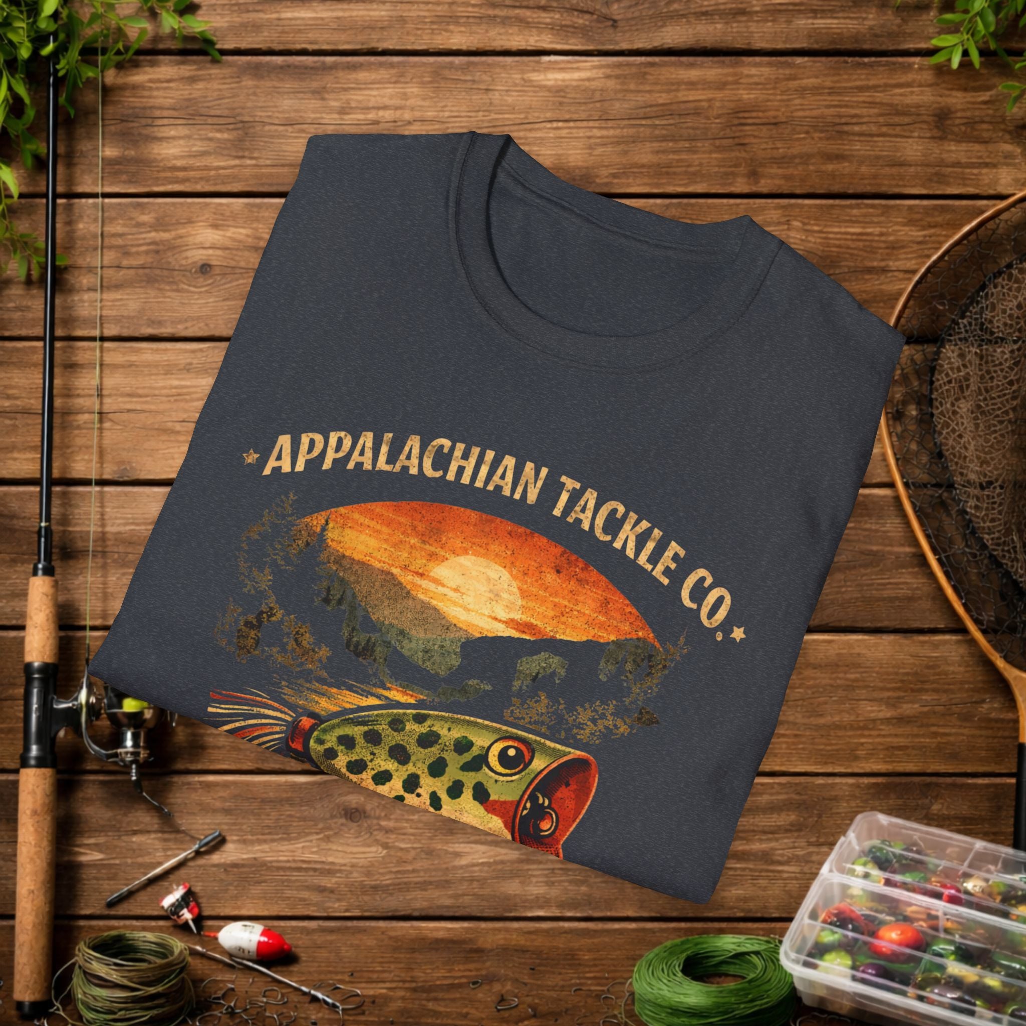Appalachian Tackle Co Hula Popper Shirt – Vintage Fishing Lure Tee – Topwater Bass Fishing Shirt – Mountain Stream Apparel