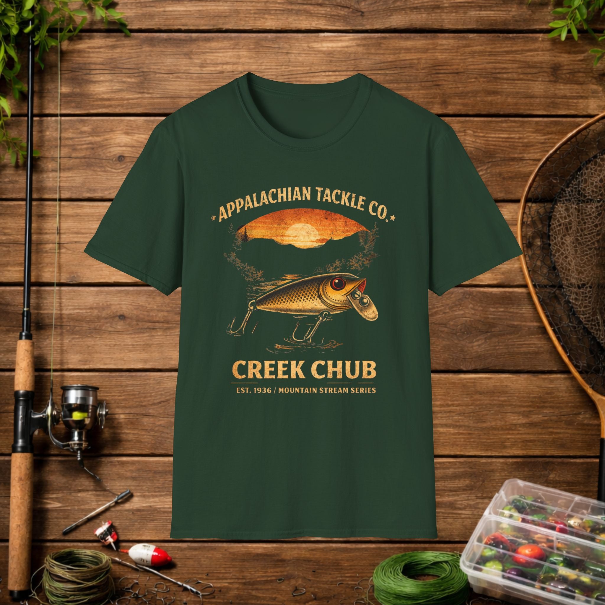 Appalachian Tackle Co Creek Chub Shirt – Vintage Fishing Lure Tee – Old School Bass Fishing Shirt – Mountain Stream Apparel