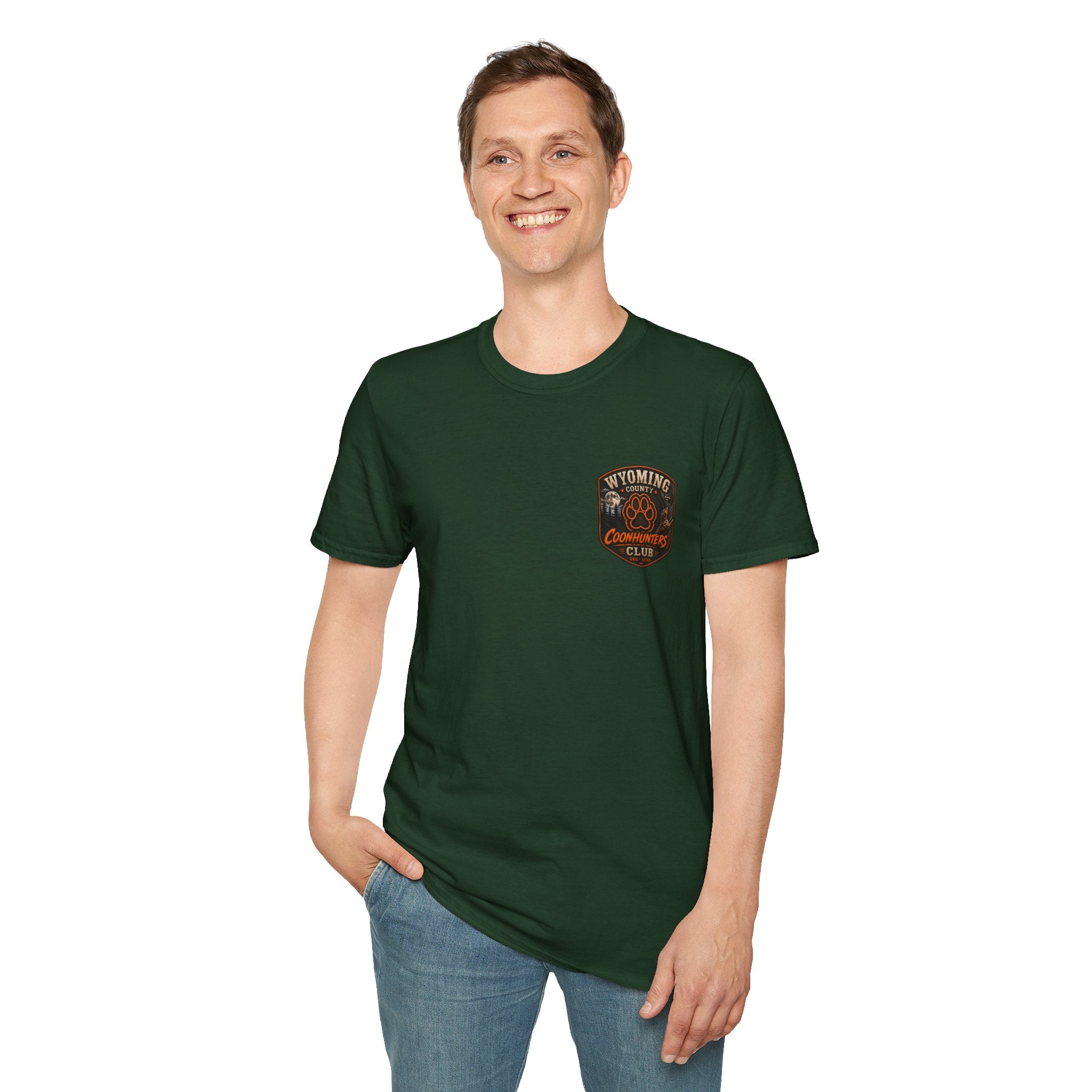 Wyoming Coonhunters Club T‑Shirt — front Badge with banner backTee