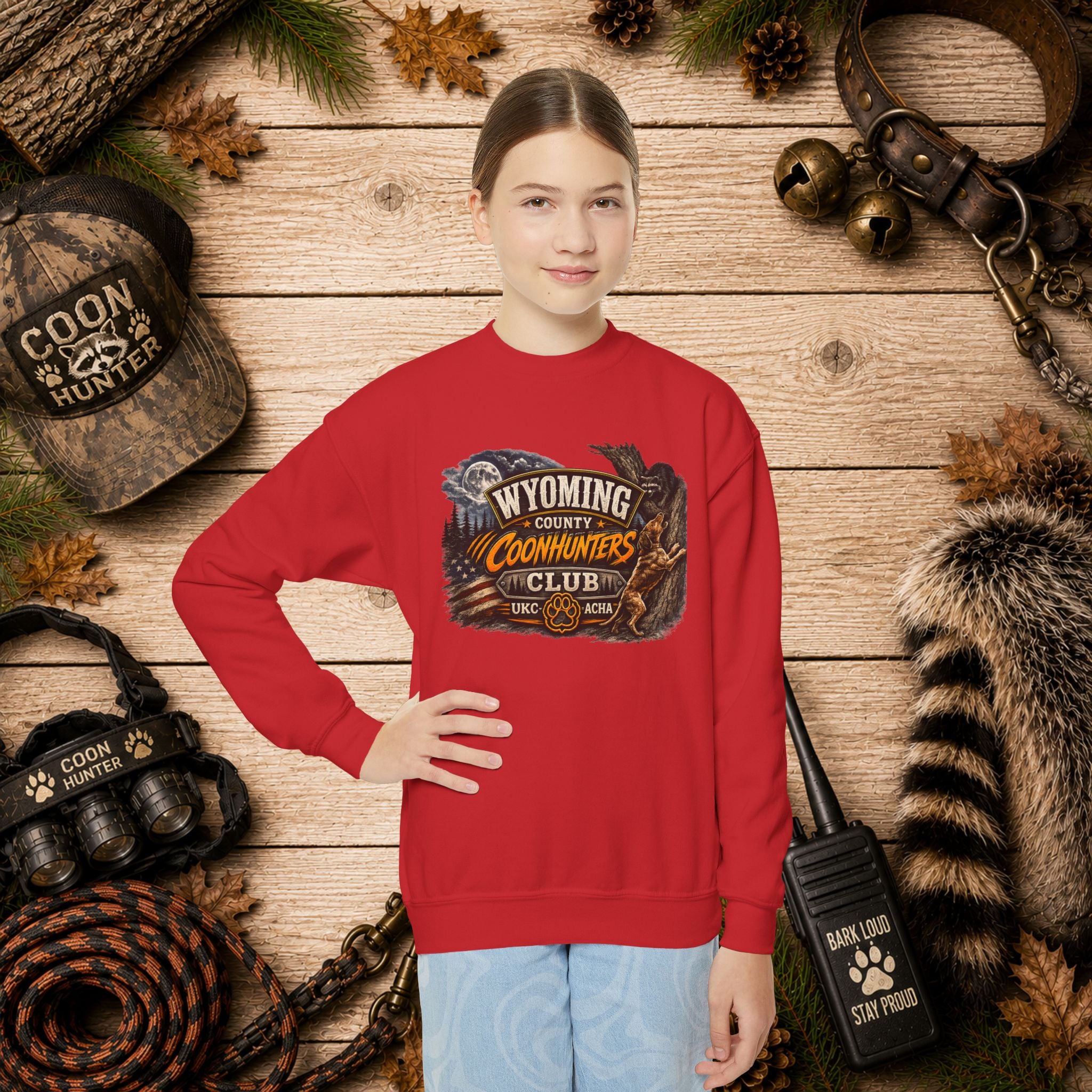 Wyoming Coonhunters Club Youth Crewneck Sweatshirt — Dual Print Banner front/Badge back