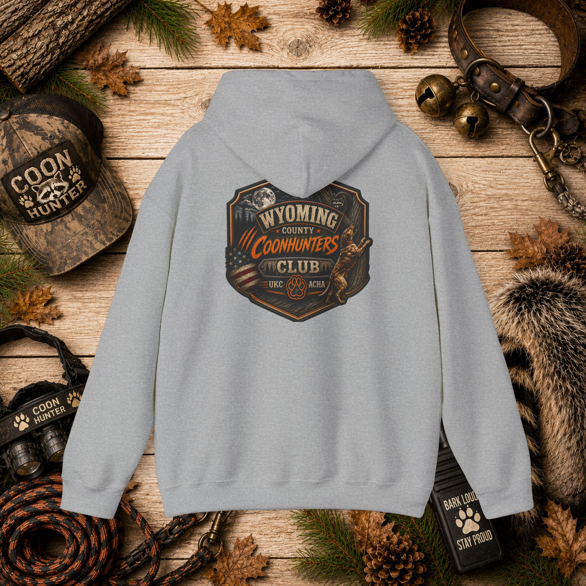 Wyoming County Coonhunters Club Hoodie – Rustic Hunting Badge Sweatshirt