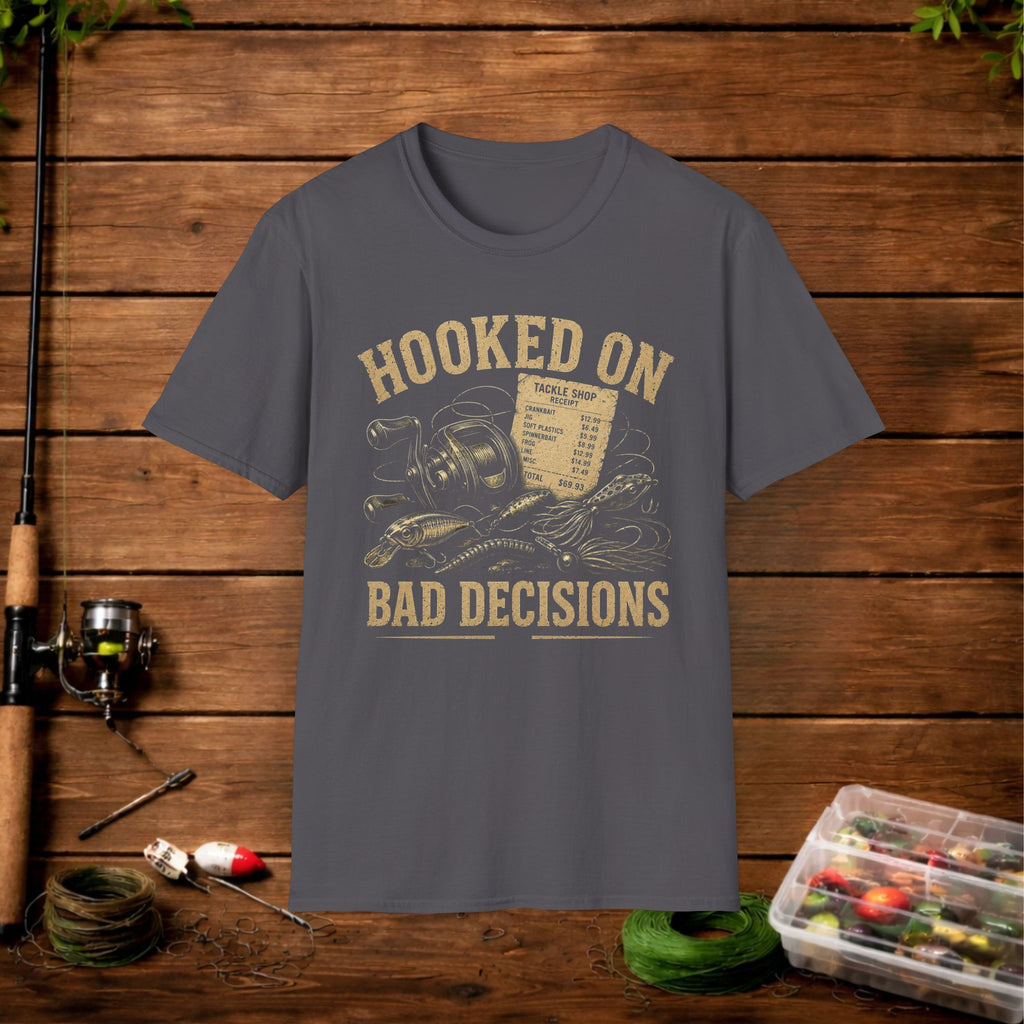 Hooked On Bad Decisions T‑Shirt — Funny Fishing Graphic Tee for Anglers & Outdoors