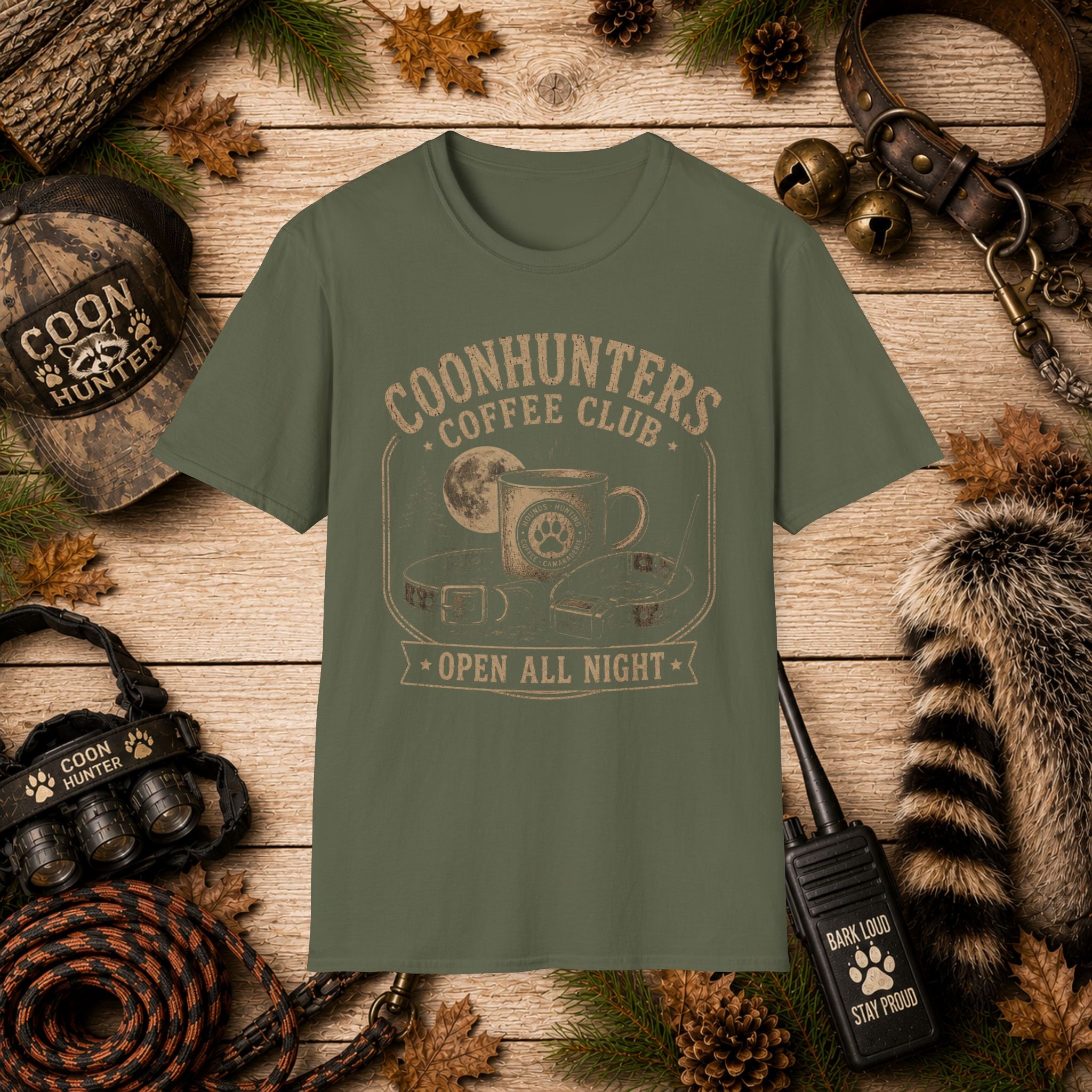 Coonhunters Coffee Club T-Shirt — Vintage Moon & Mug Graphic