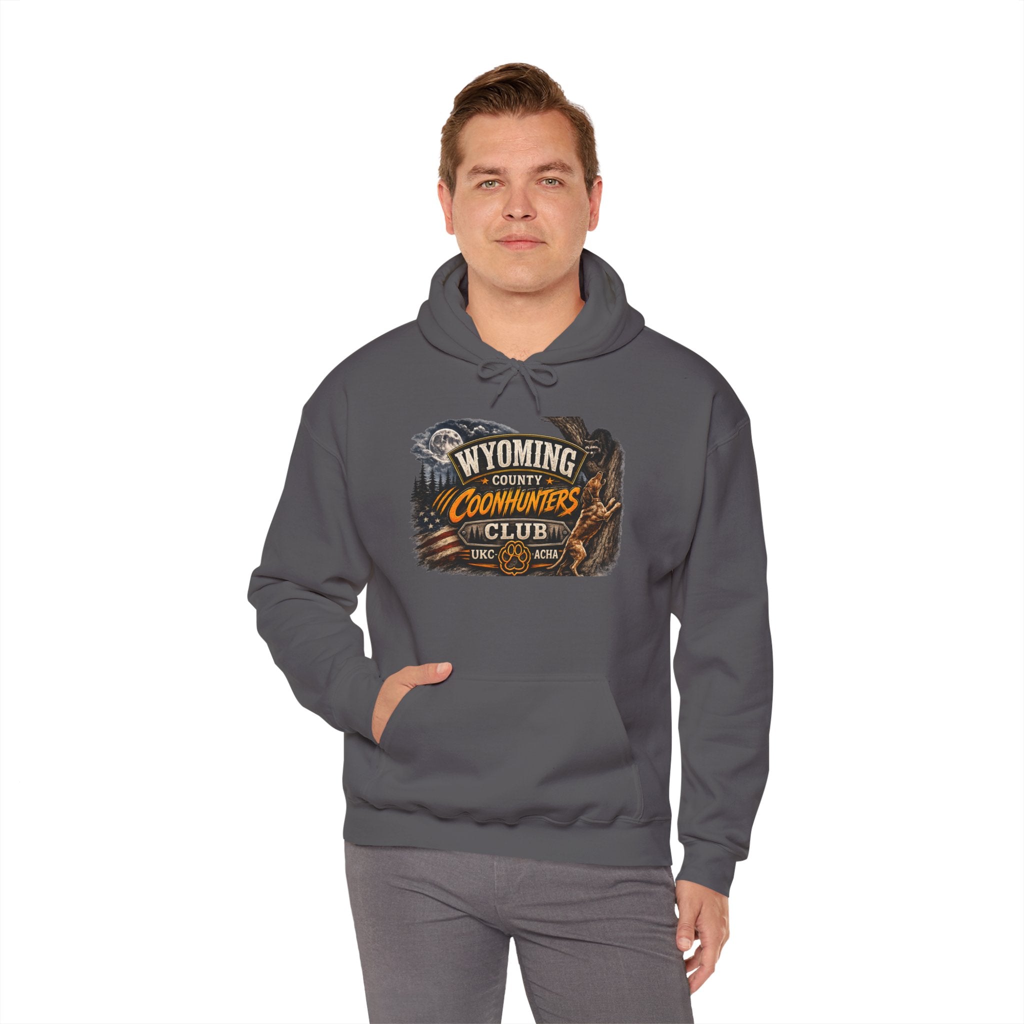 Wyoming Coonhunters Club Hoodie – Vintage Coon Hunting Graphic Dual print Banner front/Badge Back
