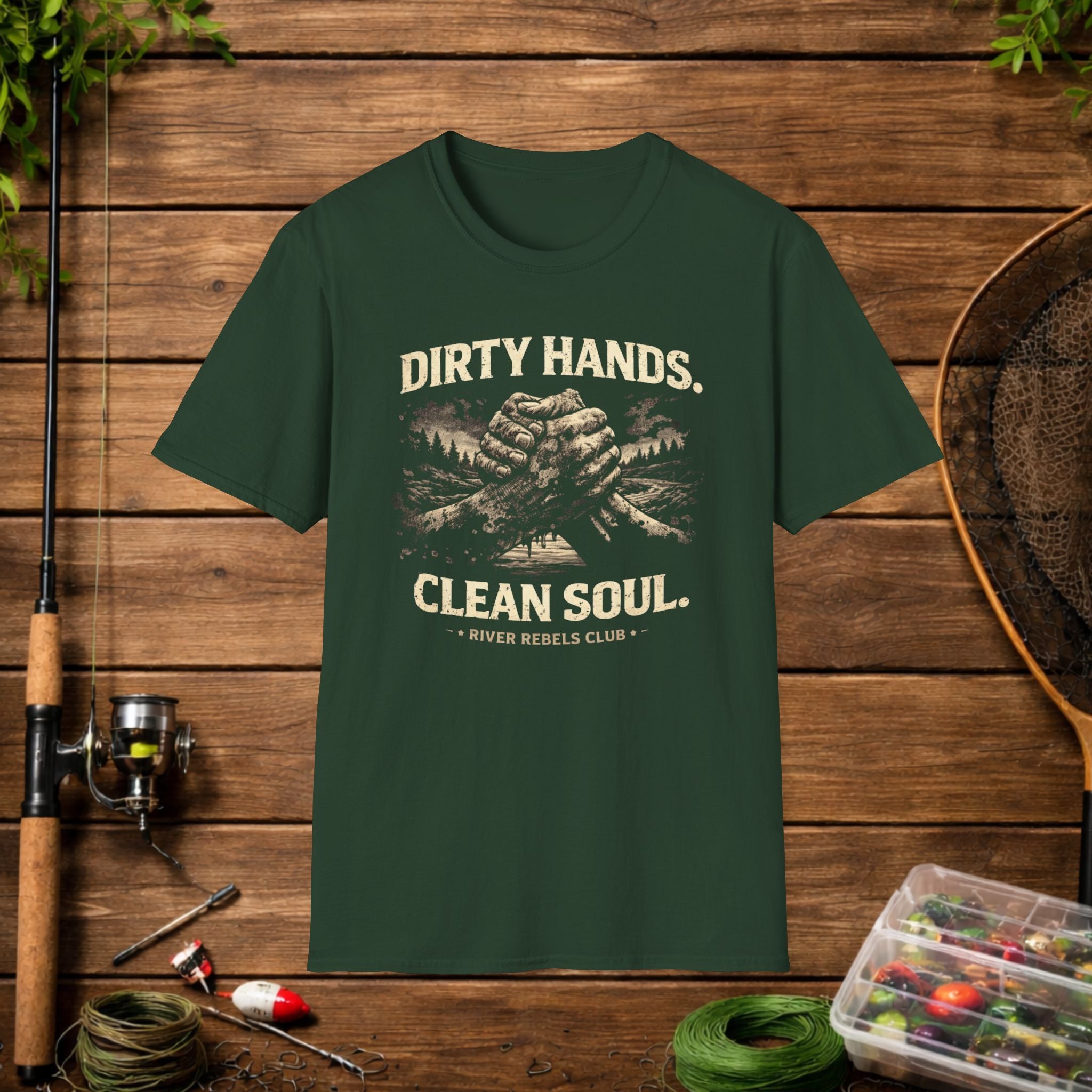 Dirty Hands Clean Soul Shirt – River Rebels Club Tee – Outdoor Fishing Lifestyle Shirt – Rustic Country Apparel
