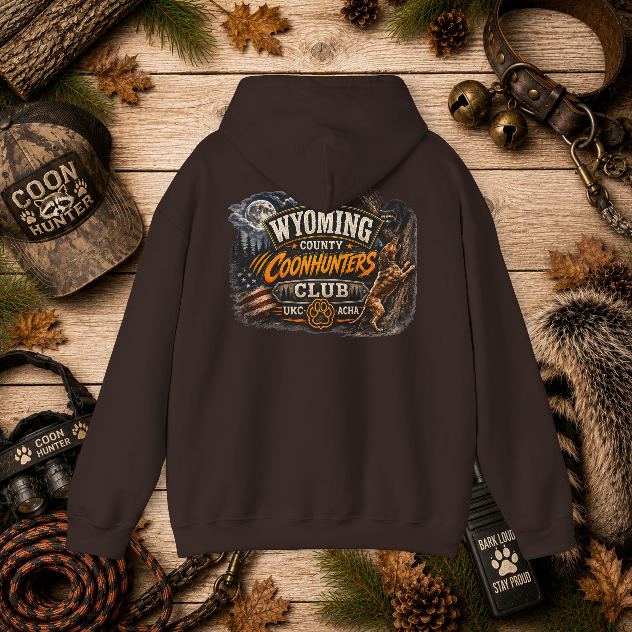 Wyoming Coonhunters Club Hoodie – Dual print badge front/banner back
