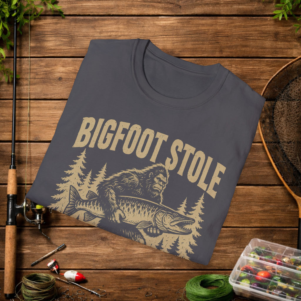 Bigfoot Stole My Musky T-Shirt — Funny Fishing Muskie Tee for Anglers