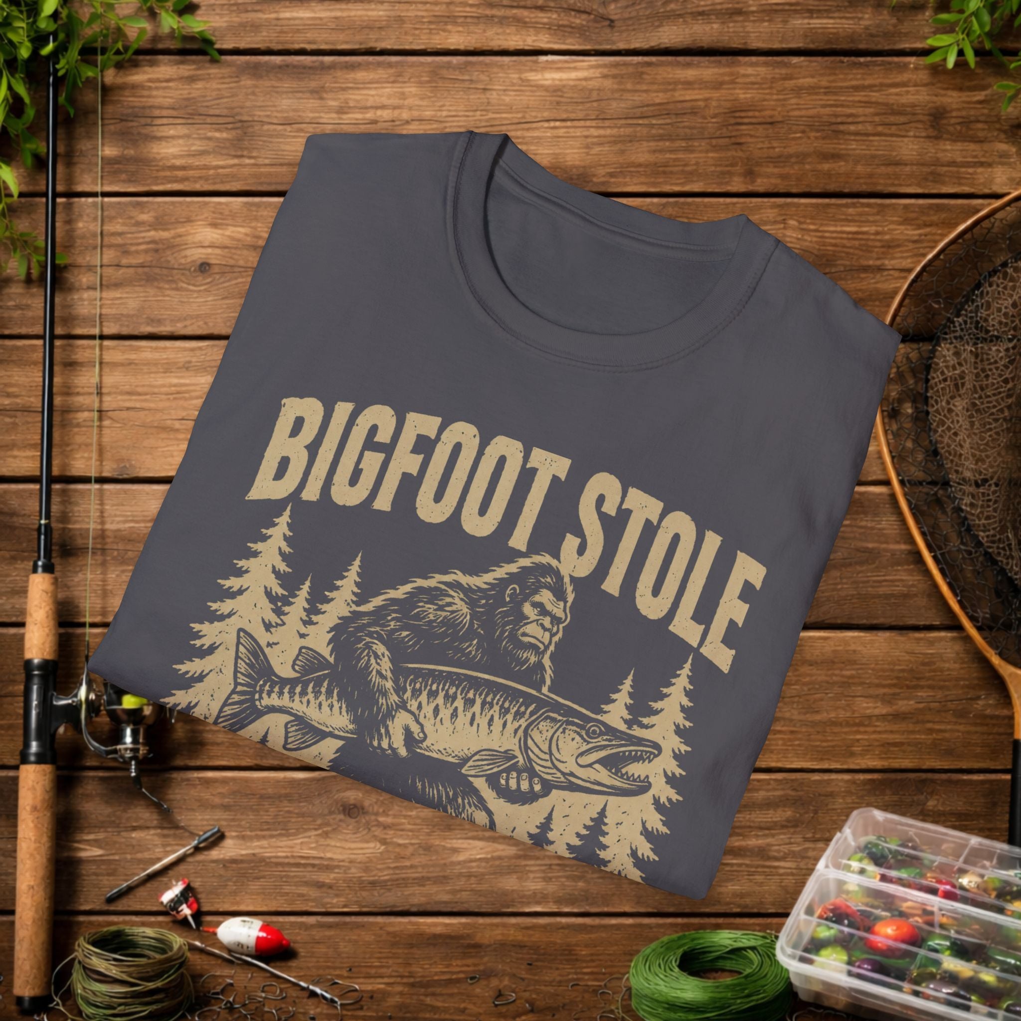 Bigfoot Stole My Musky T-Shirt — Funny Fishing Muskie Tee for Anglers