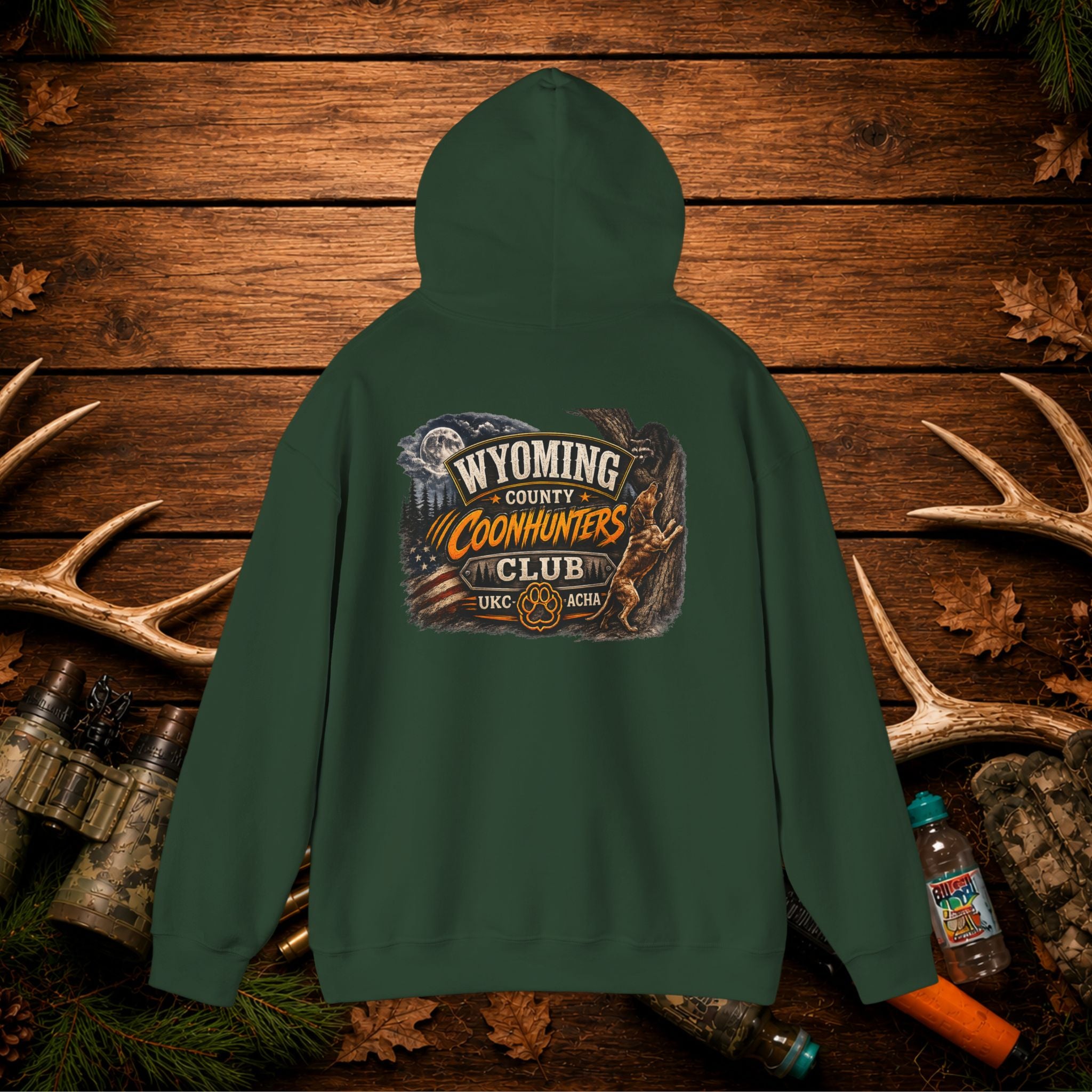 Coonhunters Club Hoodie — Wyoming County Retro Hunting Graphic