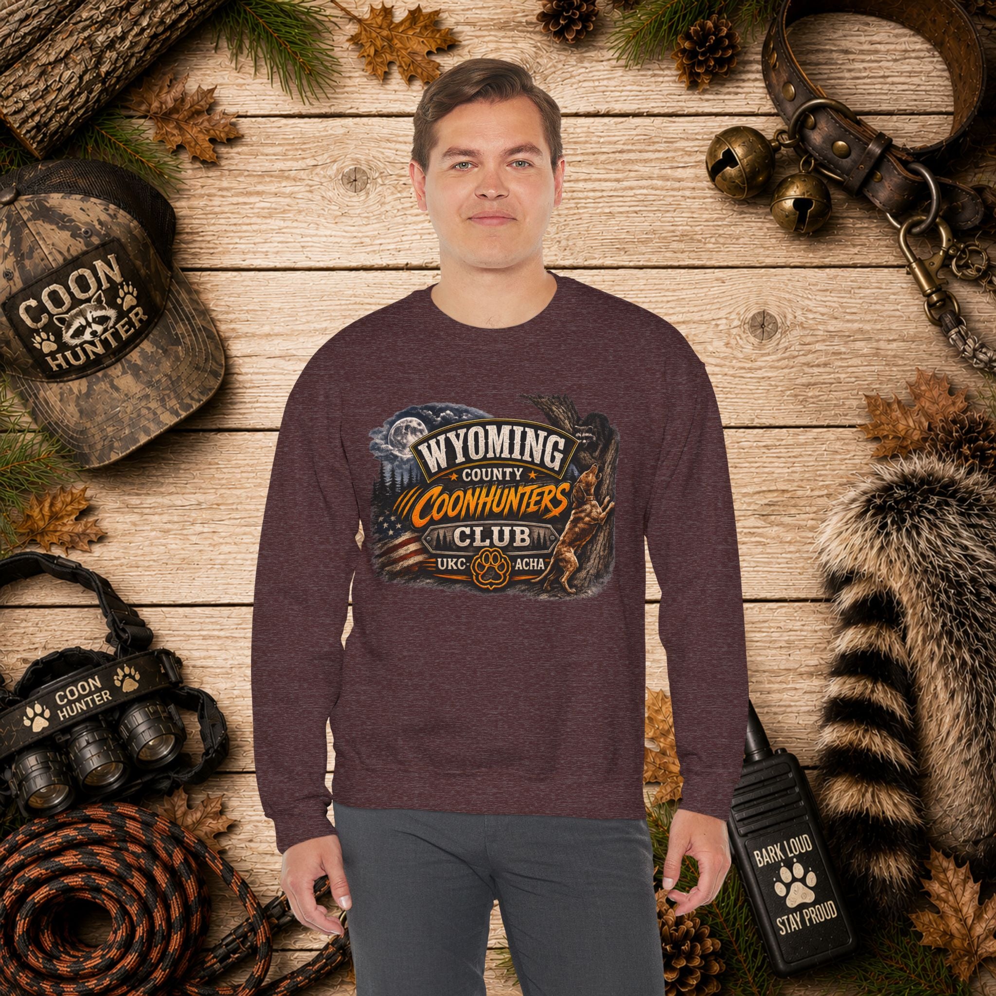 Wyoming County Coonhunters Club Sweatshirt Daul print Banner front/Badge back