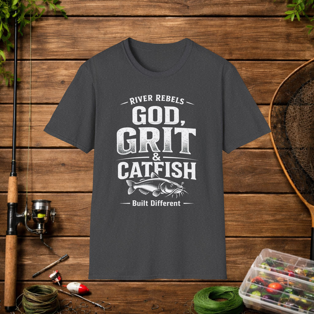 God Grit & Catfish Shirt – River Rebels Faith Fishing Tee – Christian Outdoor Shirt – Built Different Country Apparel