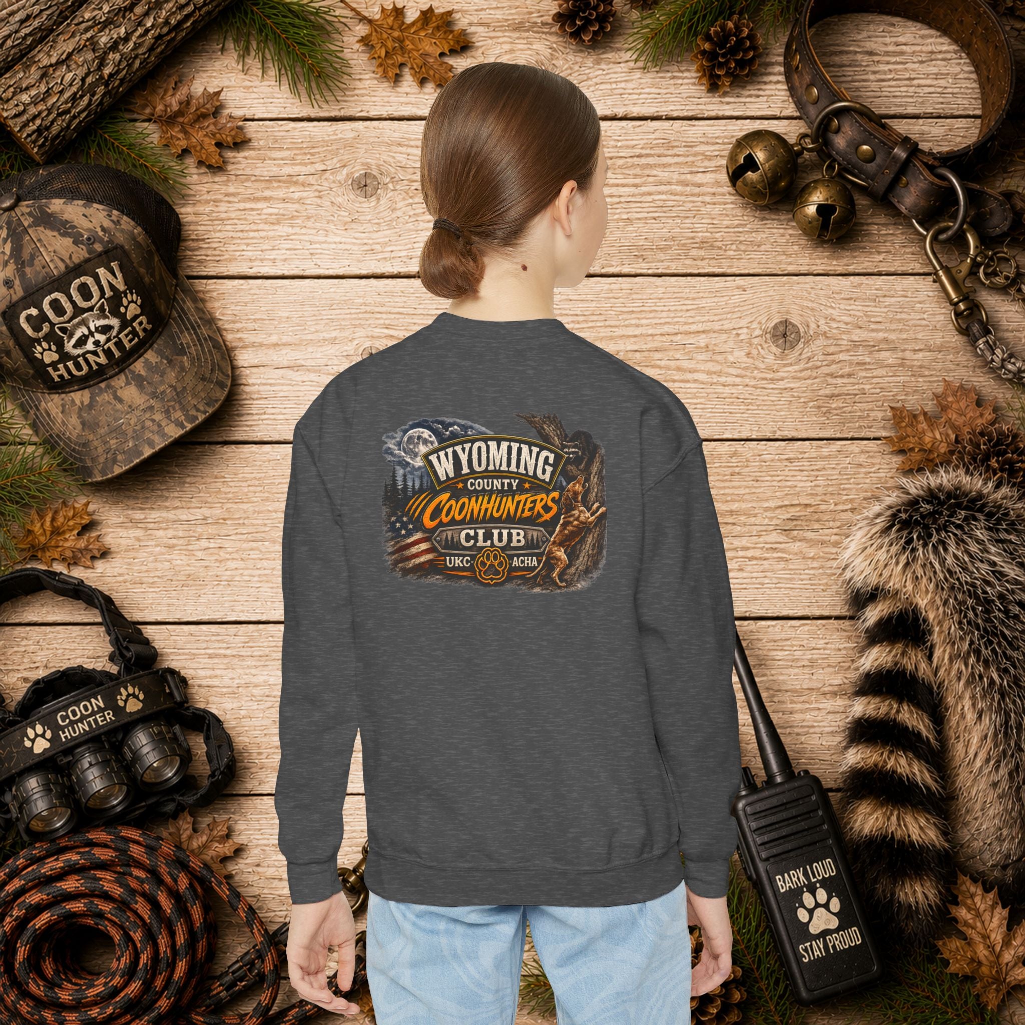 Youth Crewneck Sweatshirt — Wyoming Coonhunters Club Vintage Hunting Graphic Dual print Badge front/Banner back