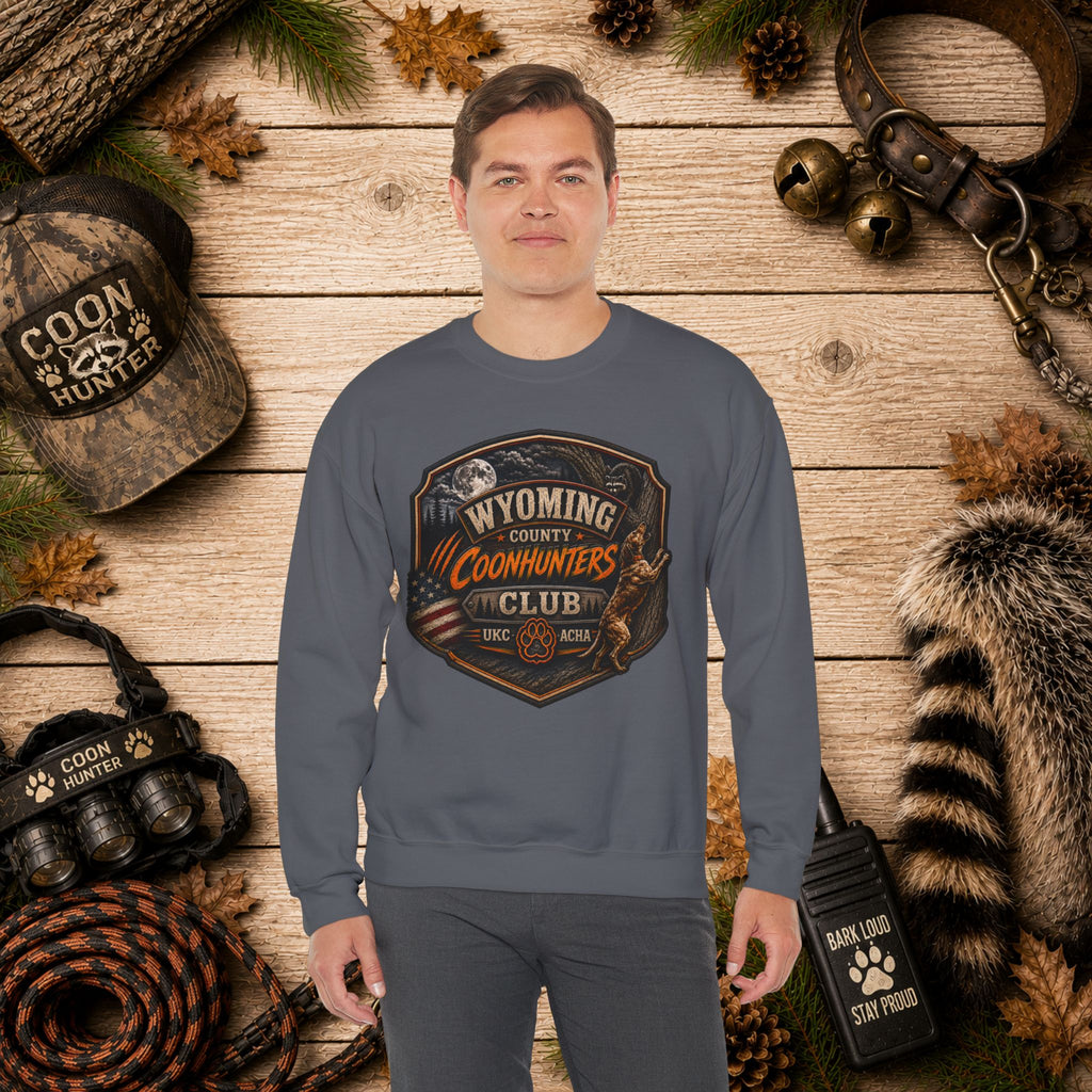 Wyoming Coonhunters Club Crewneck Sweatshirt Dual Print Badge front/Banner back