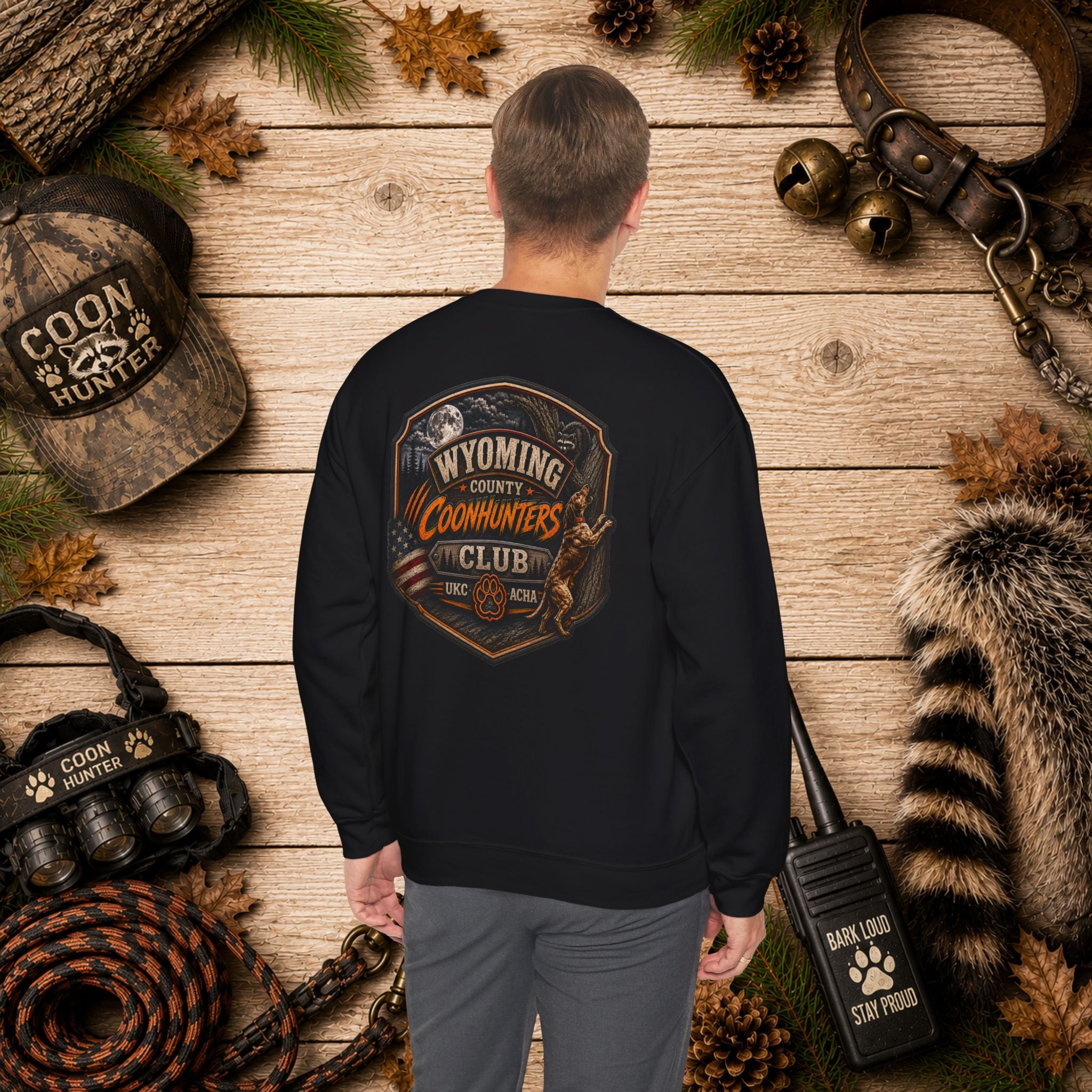 Coonhunters Club Crewneck Sweatshirt - Wyoming County Vintage Hunting Badge